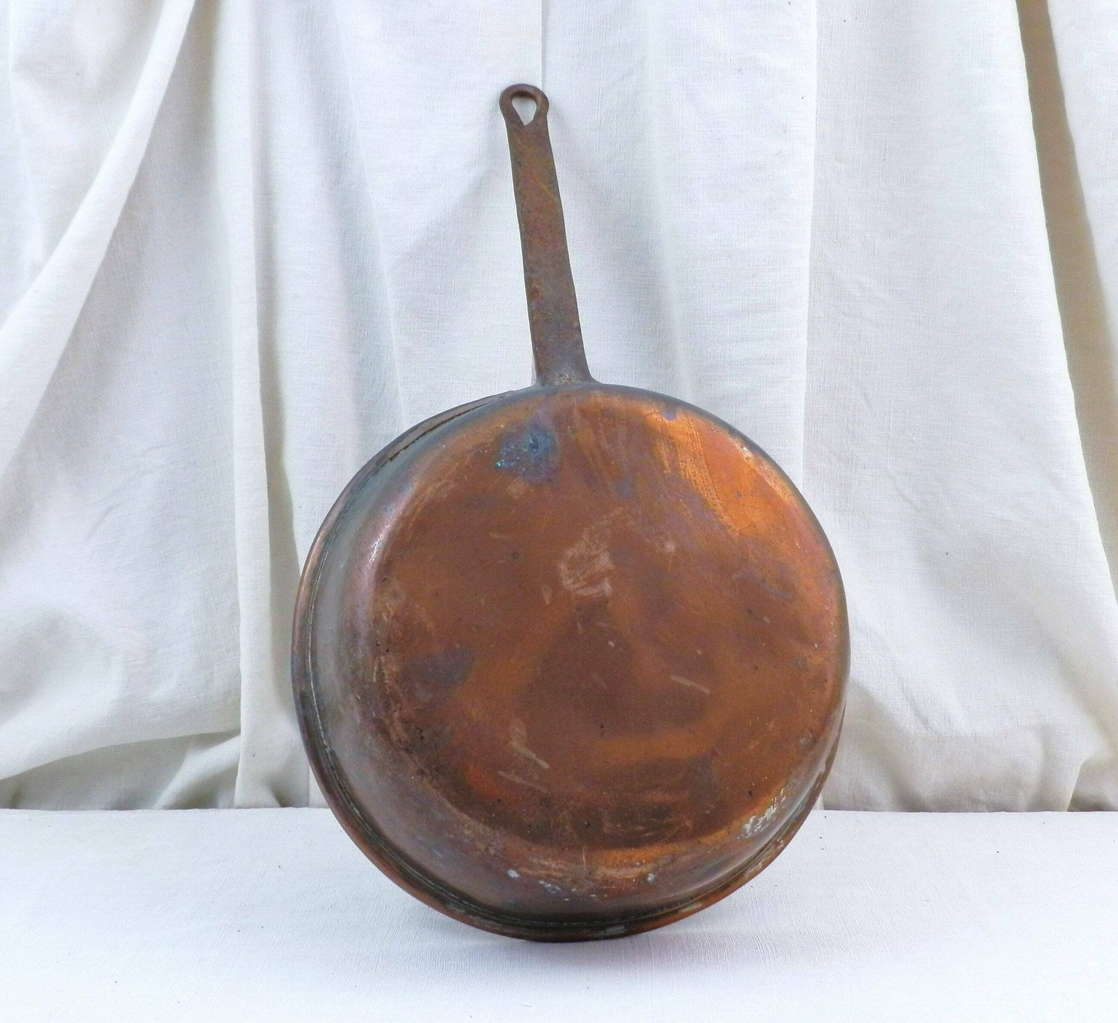 photo furniture French Antique 19th Century Tin Lined Copper Cooking Pan 20 By Jr With Forged Iron Handle, Vintage Country Chateau Kitchenware From France