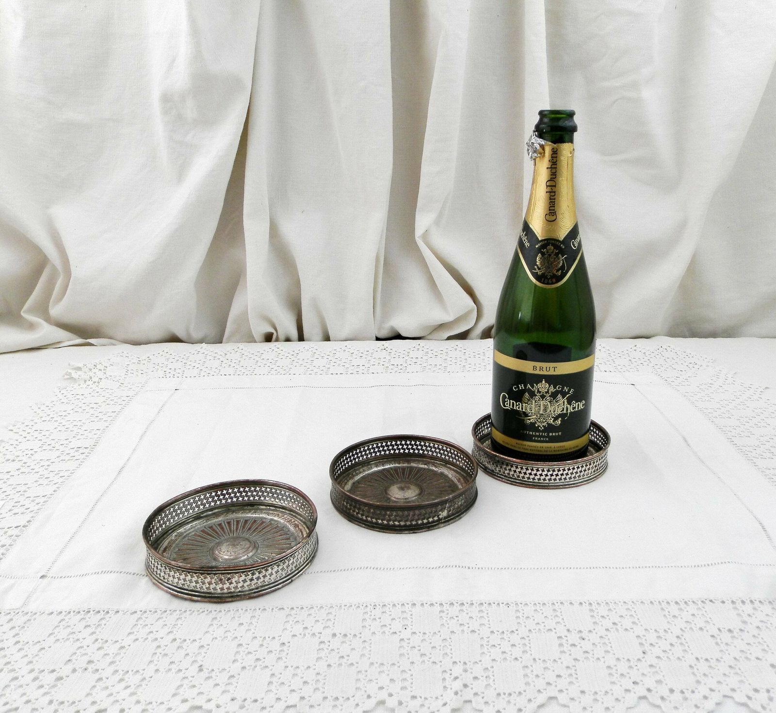 Set Of 3 Antique French 19th Century Silver Plated Wine Bottle Coasters, Shabby Chateau Chic Dinner Tableware, Brocante Parisian Decor photo buy