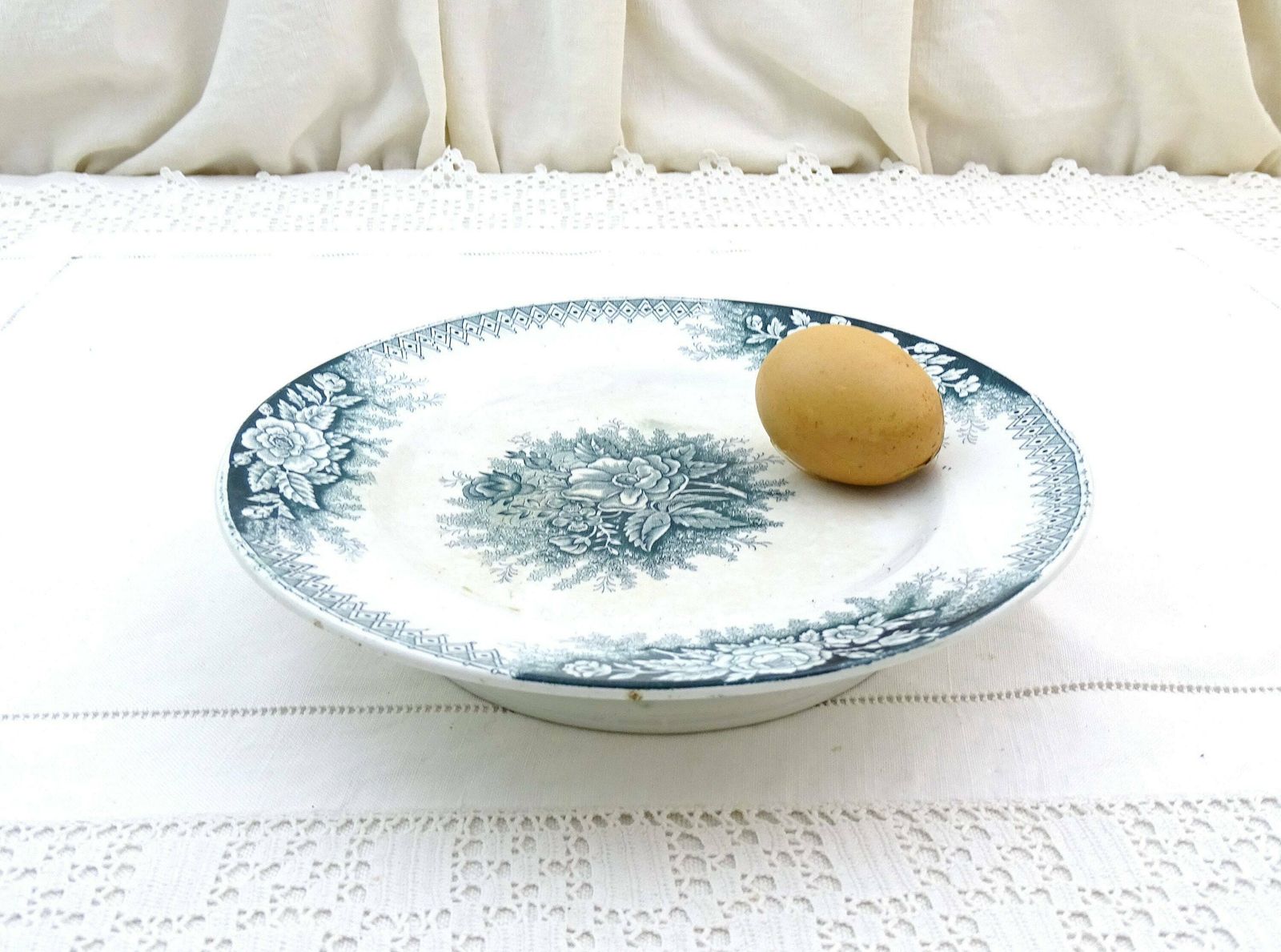 Antique French Ceramic Footed Cake Stand By St Amand From The Jardiniere Range With Rose Flower Pattern In Teel Blue, Pottery Tazza Dish photo for sale