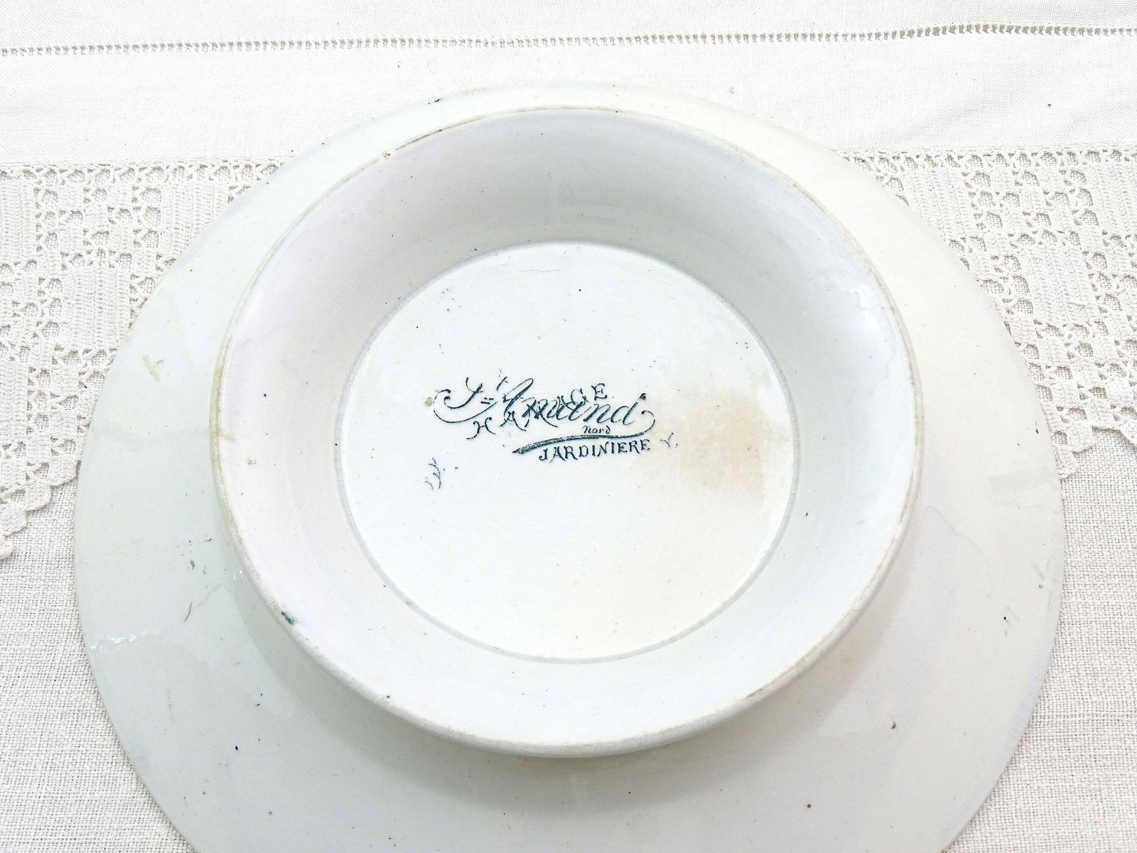 Antique French Ceramic Footed Cake Stand By St Amand From The Jardiniere Range With Rose Flower Pattern In Teel Blue, Pottery Tazza Dish photo vintage
