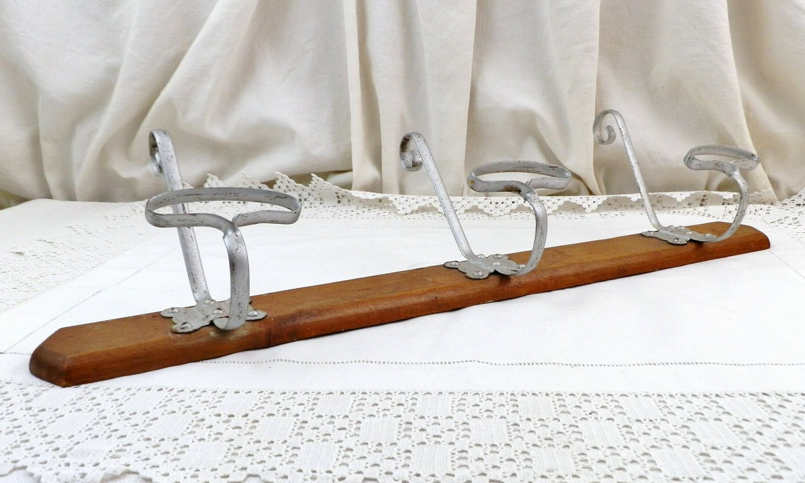French Antique 3 Hook Coat And Hat Rack Made Of Wood And Metal, Country Farmhouse Entrance Clothes Fixture, Bathroom Accessory From France photo vinterior