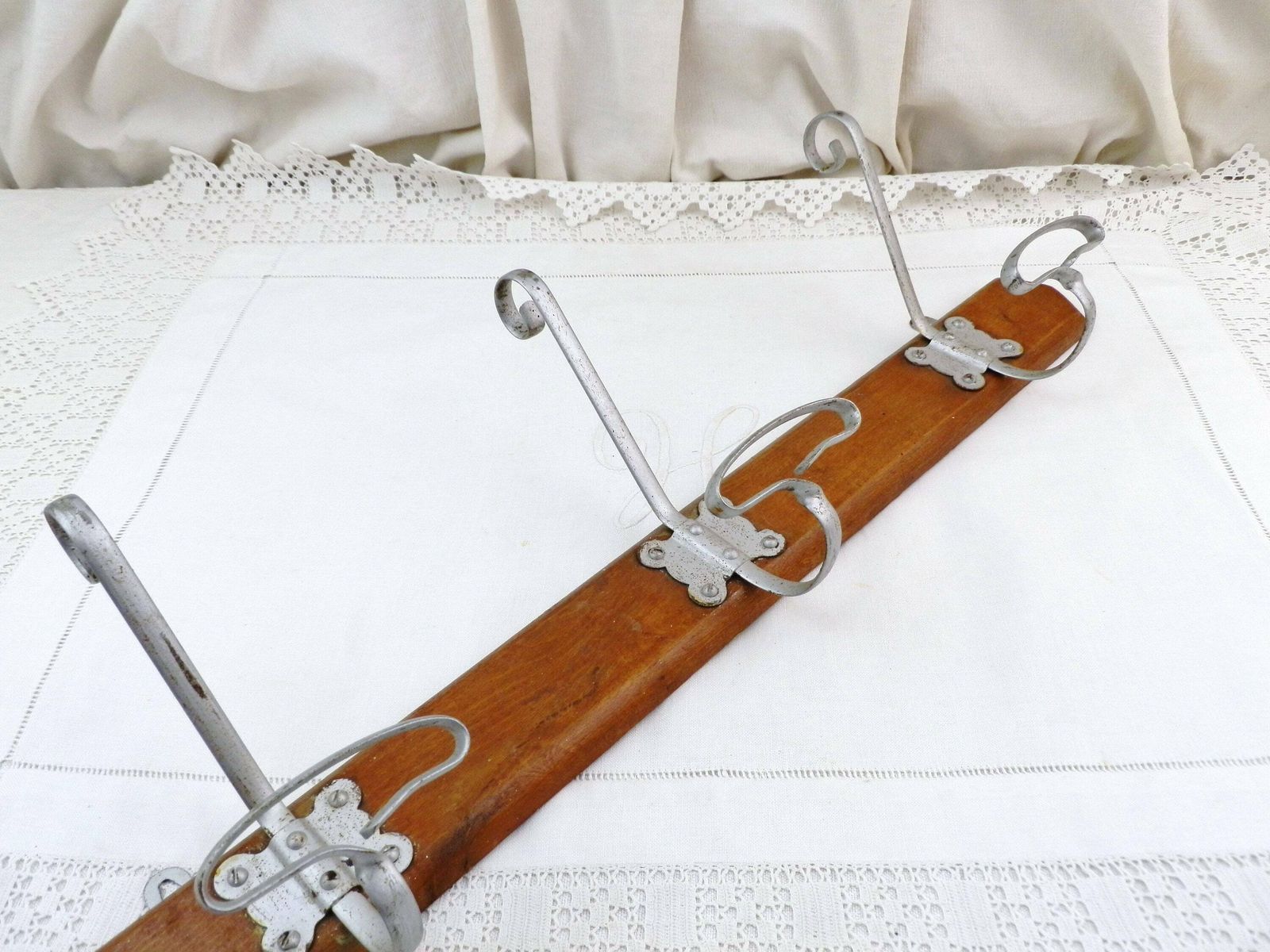 French Antique 3 Hook Coat And Hat Rack Made Of Wood And Metal, Country Farmhouse Entrance Clothes Fixture, Bathroom Accessory From France photo buy