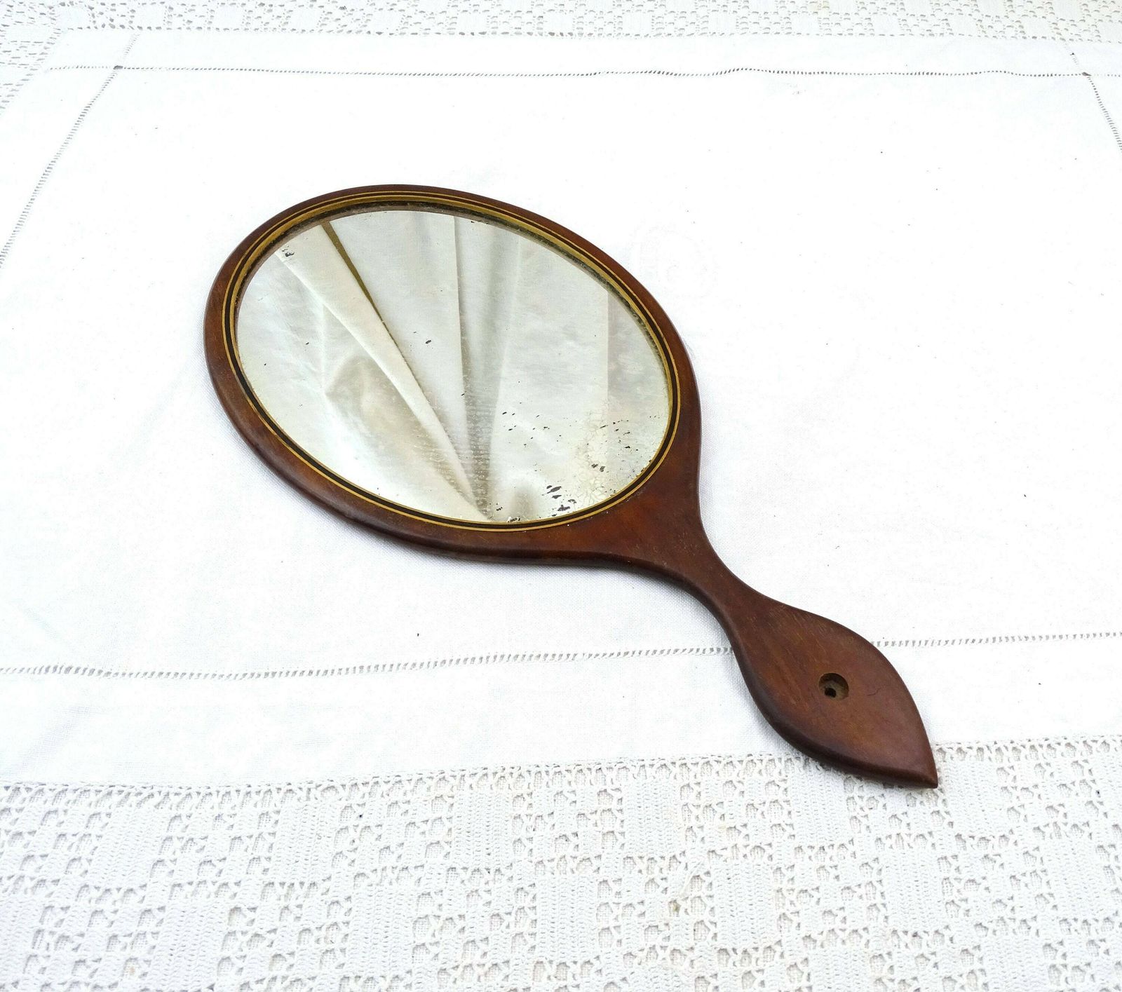 Large Antique French Wooden Distressed Oval Vanity Hand Mirror, Retro Boudoir Accessory From France, Old Make Up Looking Glass Made Of Ebony