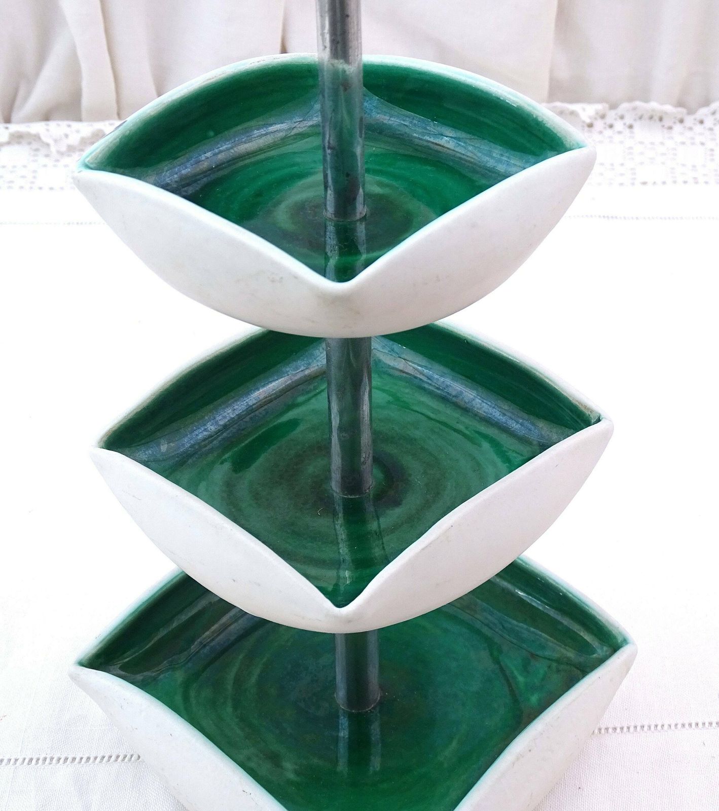 Vintage French Mid Century Modern Pottery Tiered Cocktail Bowls In Green And White, Retro 1960s Pillared Stand For Aperitif, Jewelry Dish photo furniture