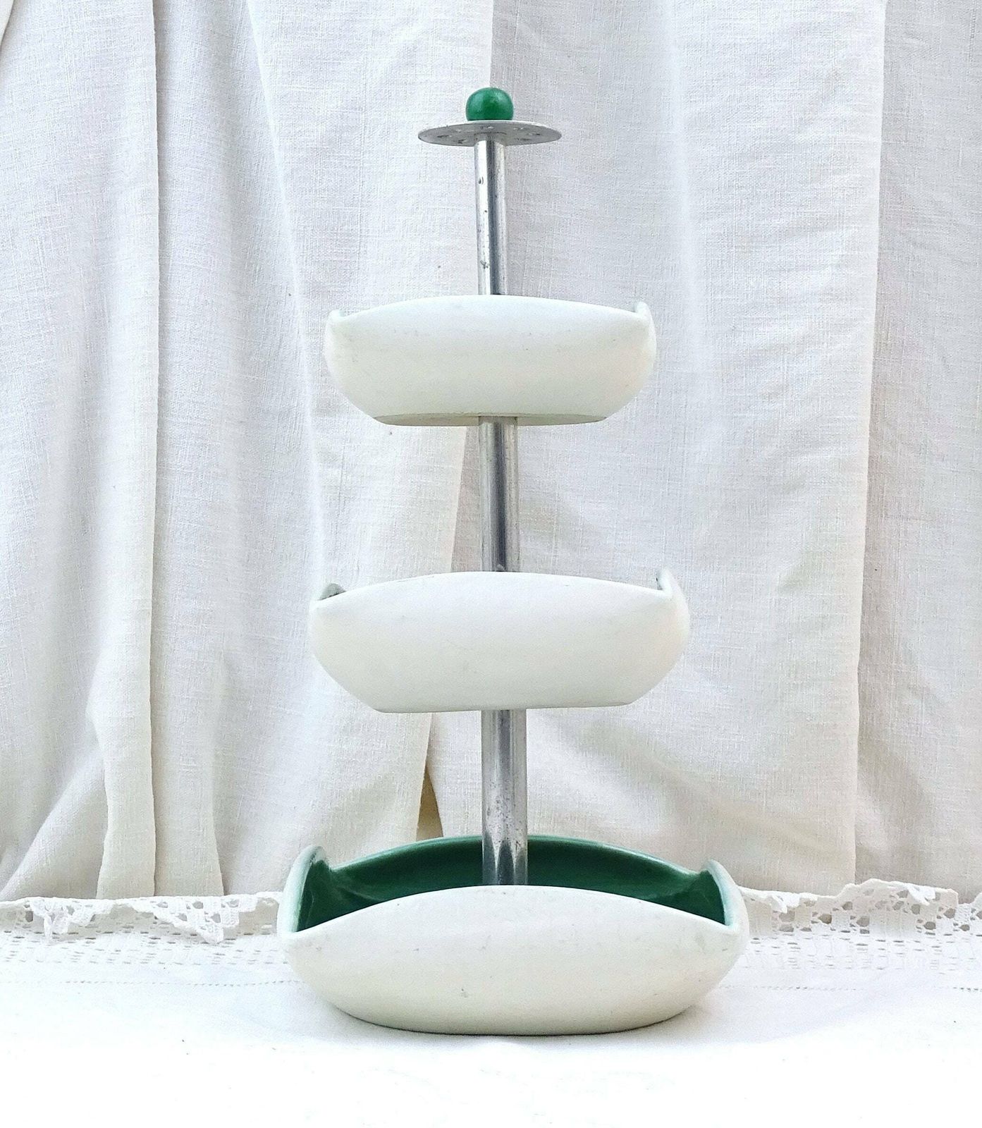 Vintage French Mid Century Modern Pottery Tiered Cocktail Bowls In Green And White, Retro 1960s Pillared Stand For Aperitif, Jewelry Dish photo Home Decor