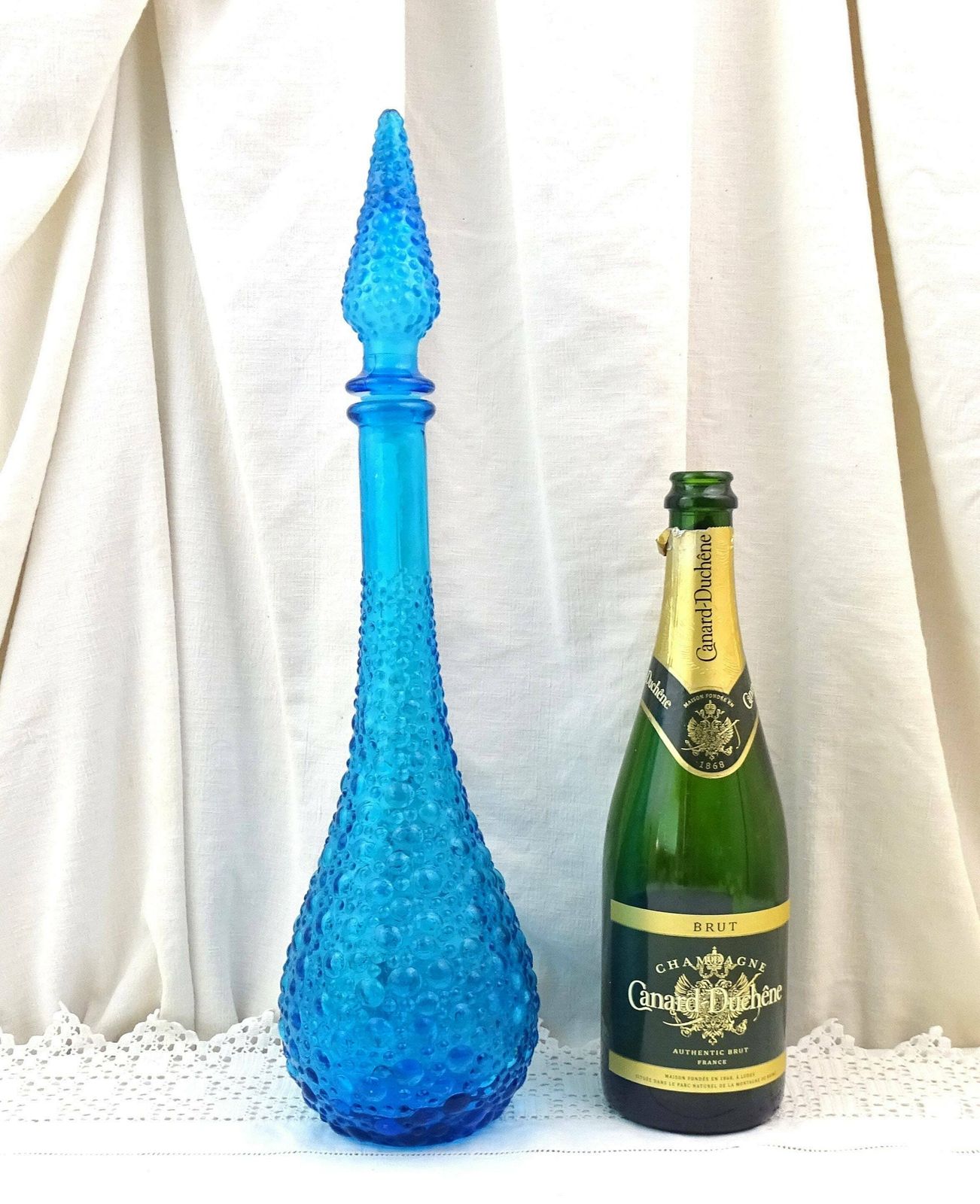 Large Tall Vintage Italian Empoli Style Mid Century 1960s Blue Glass Genie Bottle Floor Decanter With Stopper, European Glassware Carafe photo for sale