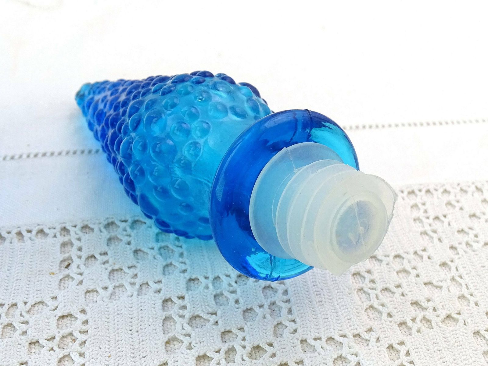 Large Tall Vintage Italian Empoli Style Mid Century 1960s Blue Glass Genie Bottle Floor Decanter With Stopper, European Glassware Carafe photo vinterior