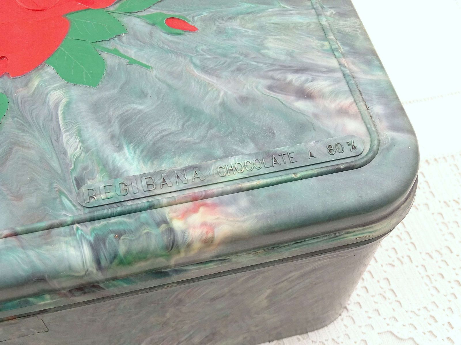Large Vintage French Marbled Bakelite Rectangular Box Regibana With Red Rose Pattern On Lid, Promotional Mottled Plastic Container France photo for sale