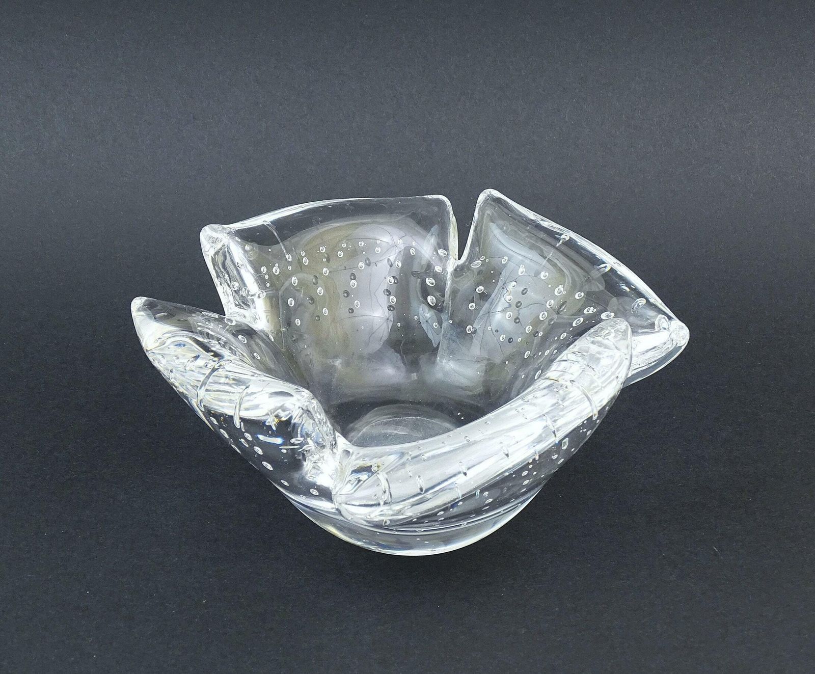 Large Vintage Mid Century Murano Style Bullicante Thick Art Glass Cigar Crystal Ashtray With Encased Air Bubbles, Studio Glass Vide Poche