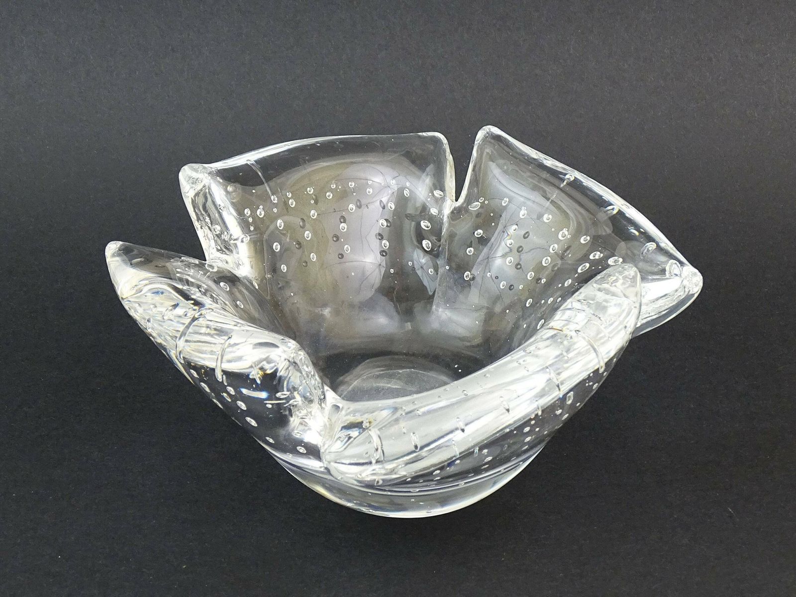 Large Vintage Mid Century Murano Style Bullicante Thick Art Glass Cigar Crystal Ashtray With Encased Air Bubbles, Studio Glass Vide Poche photo 65.0