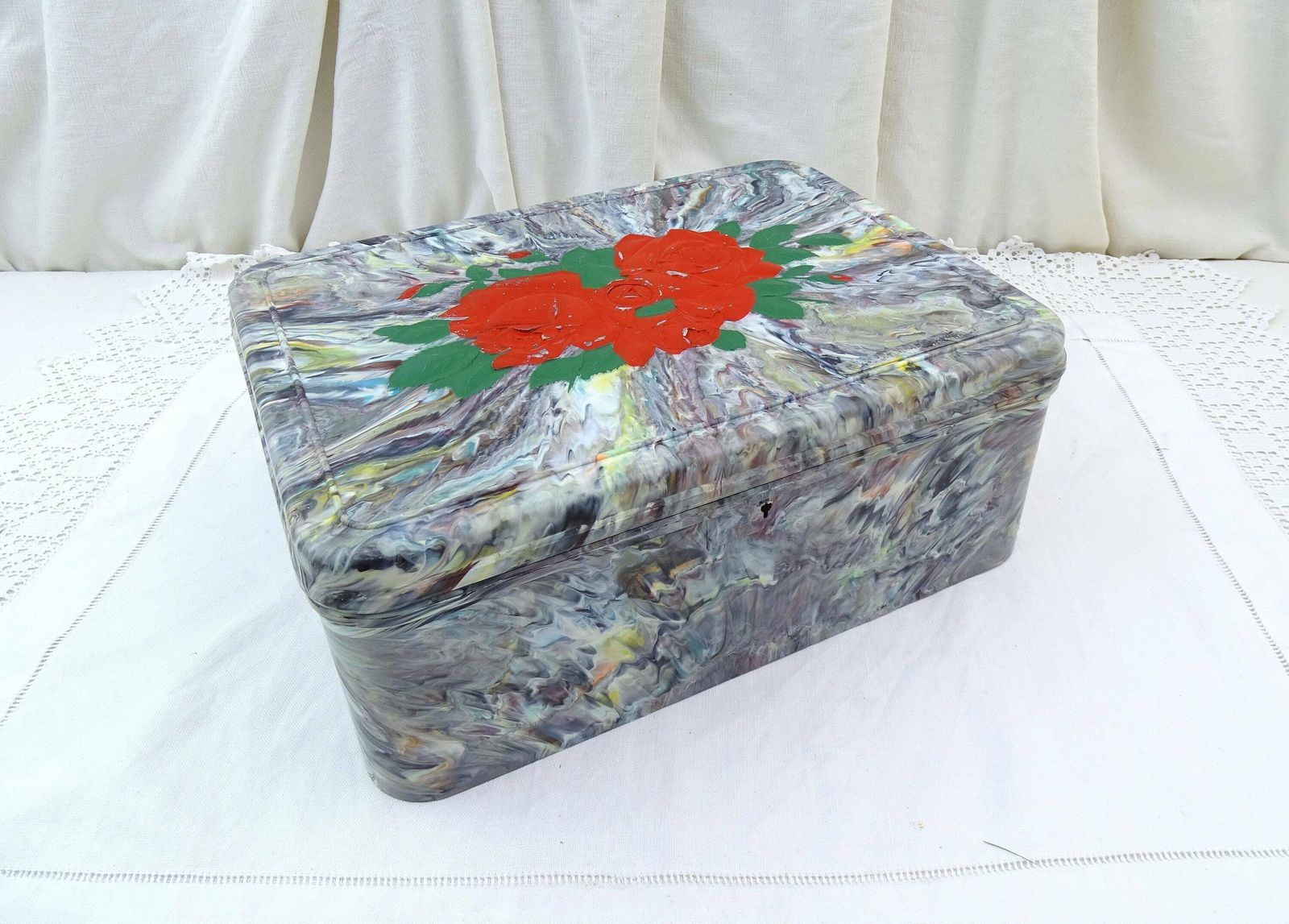 Large Vintage French Marbled Bakelite Rectangular Box Regibana With Red Rose Pattern On Lid, Promotional Mottled Plastic Container France