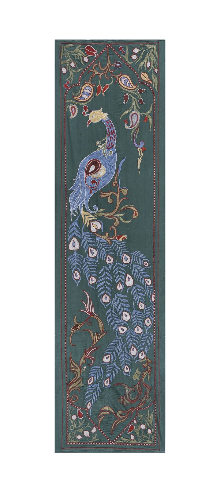 Green Suzani Wall Hanging   Embroidered Peacock Design Textile Art   Silk Cotton Blend Bukhara Runner 1'8'' X 6'