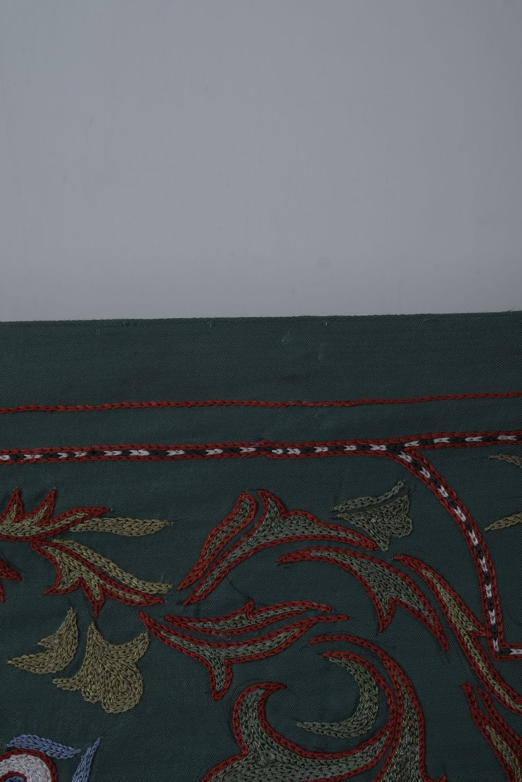 Green Suzani Wall Hanging   Embroidered Peacock Design Textile Art   Silk Cotton Blend Bukhara Runner 1'8'' X 6' photo Textiles