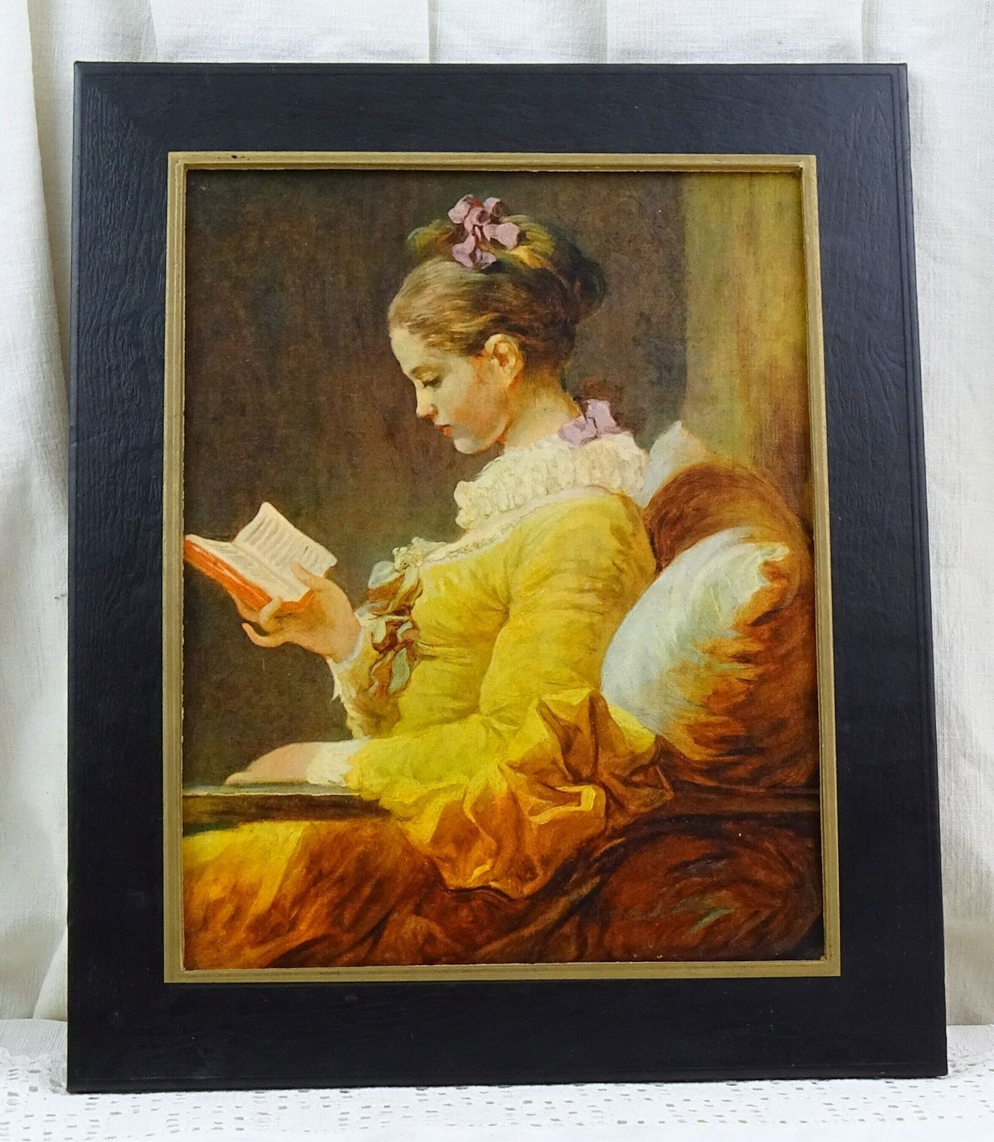 Vintage French Framed Reproduction Picture Of A Young Girl Reading By Jean Honoré Fragonard Printed In France By Difac Fetz, Old Painting photo furniture