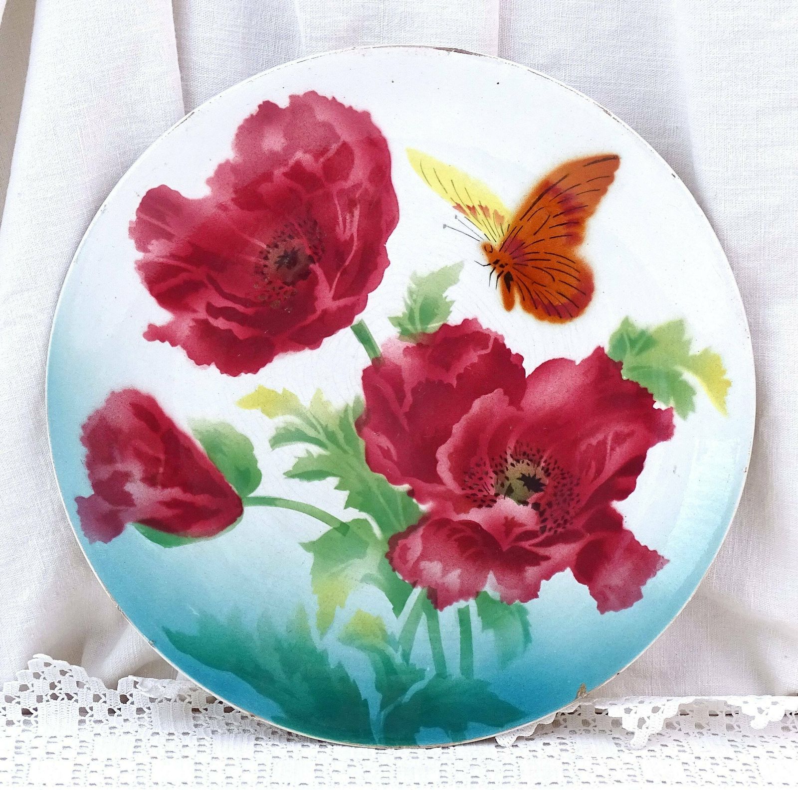 Large Round Antique 19th C French Wall Plate With Red Poppy And Butterfly Pattern Pavot By St Amand, Vintage Ceramic Charger From France photo furniture