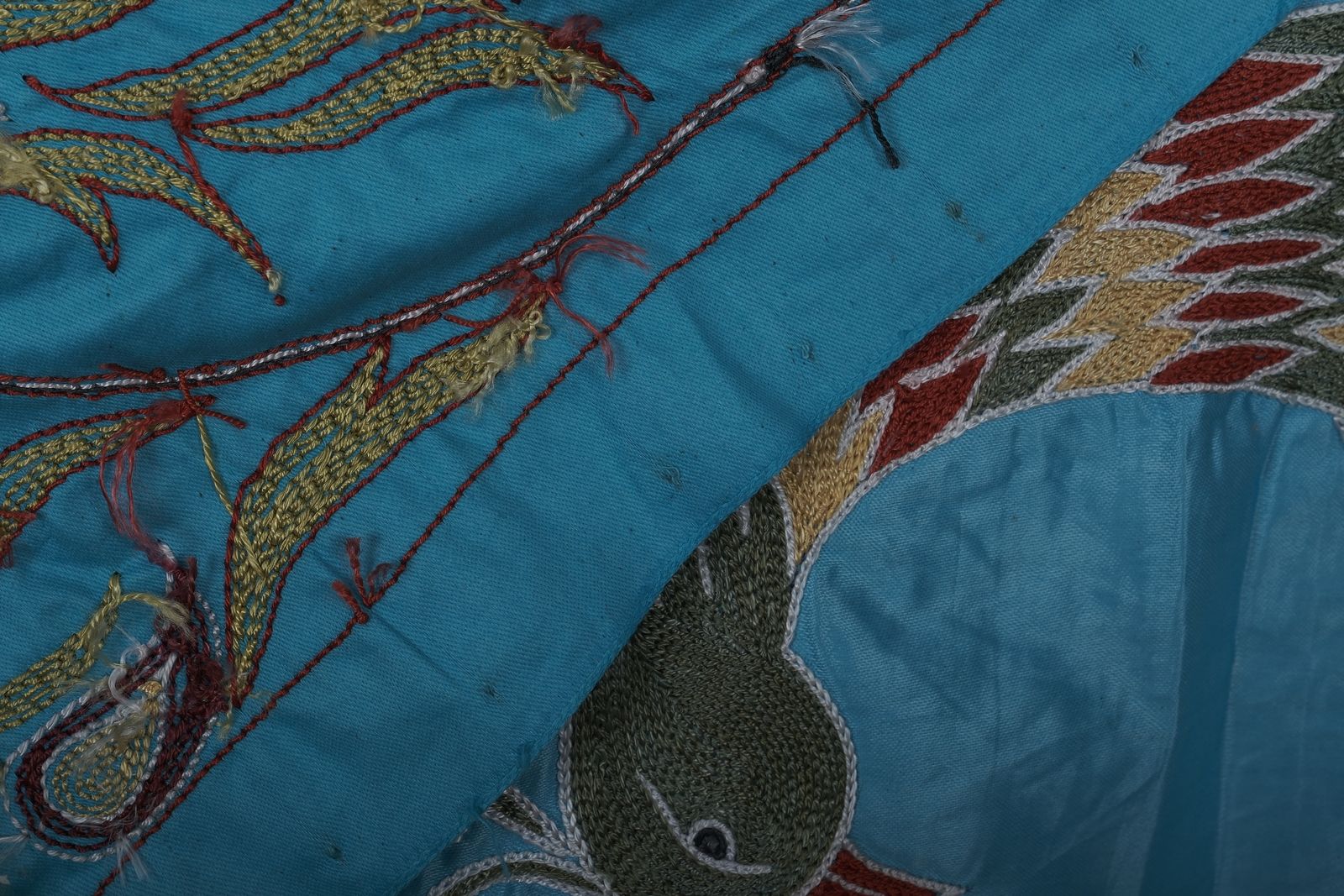 Blue Suzani Wall Hanging   Silk Peacock And Pictorial Embroidered Decorative Textile 1'8'' X 6'1'' photo for sale
