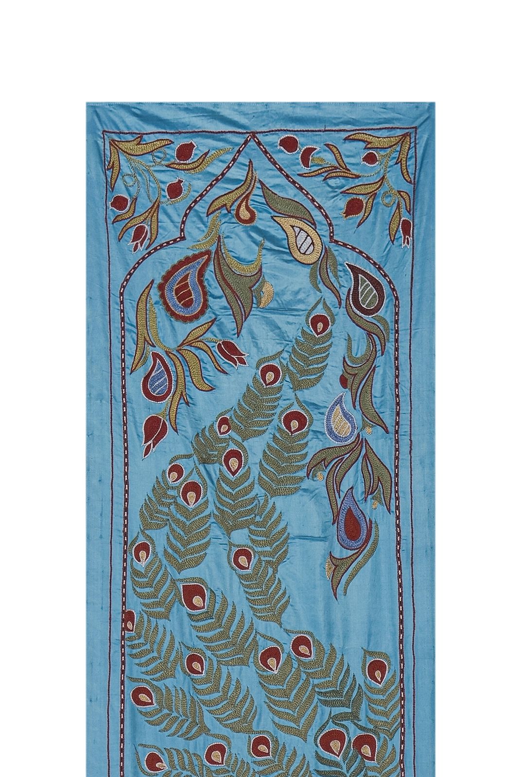 Blue Suzani Wall Hanging   Silk Peacock And Pictorial Embroidered Decorative Textile 1'8'' X 6'1'' photo vintage