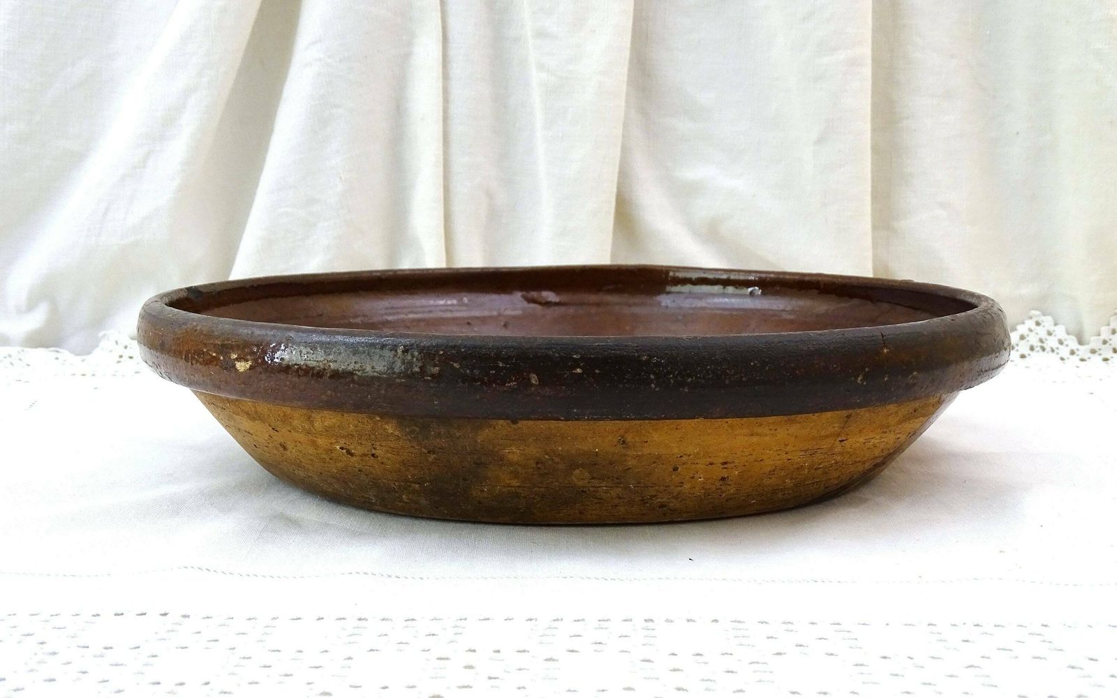 Very Large Antique French Primitive Earthenware Round Dish, Vintage Upcycled Pottery Fruit Dish, Country Farmhouse Kitchen Decor From France photo for sale