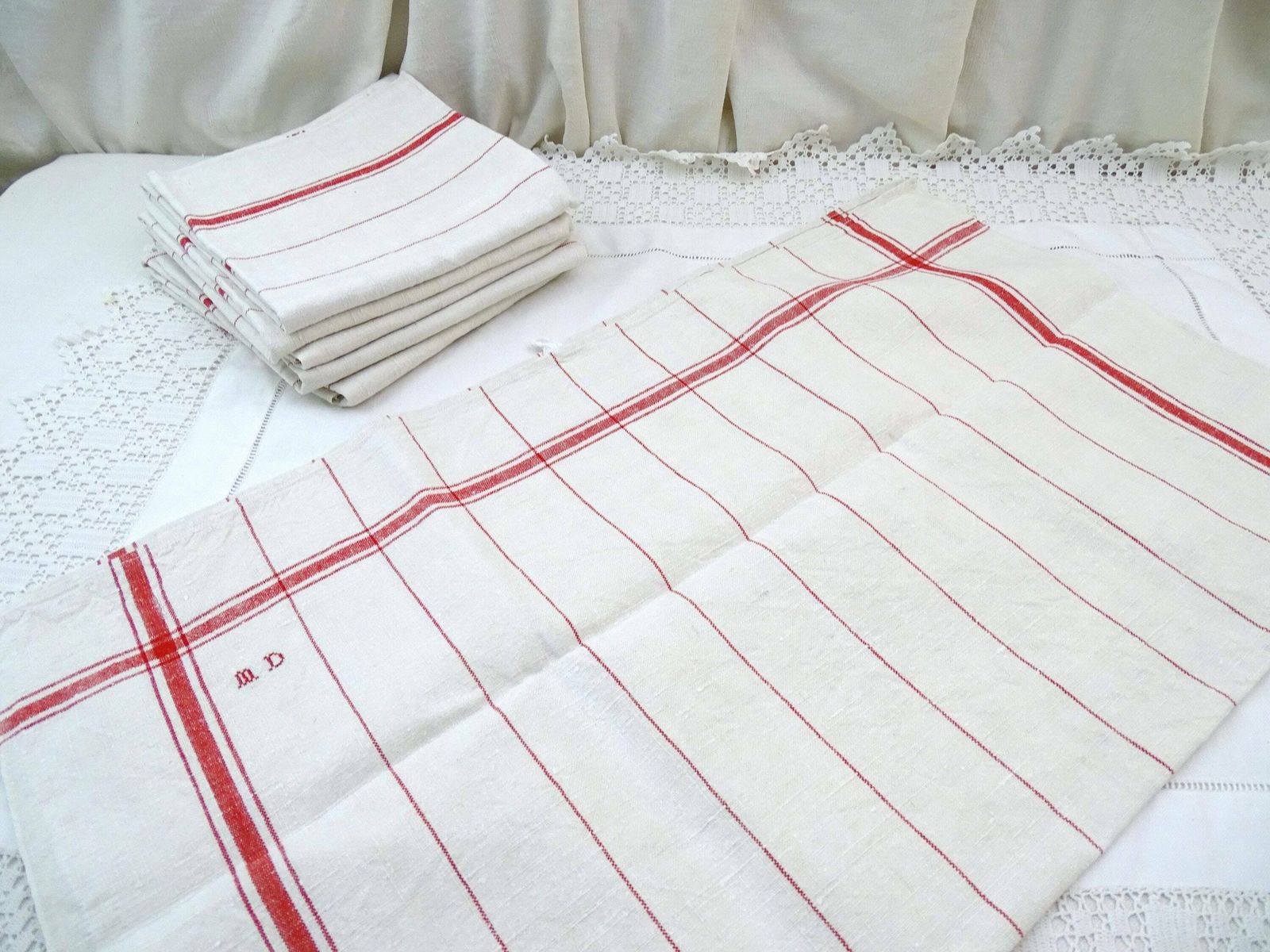 Set Of 6 Vintage French Traditional Cotton Tea Towels With Red Banding And Monogram, Retro Country Cottage Farmhouse Kitchen Cloth France