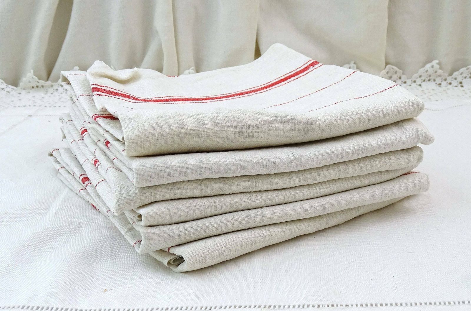 Set Of 6 Vintage French Traditional Cotton Tea Towels With Red Banding And Monogram, Retro Country Cottage Farmhouse Kitchen Cloth France photo for sale