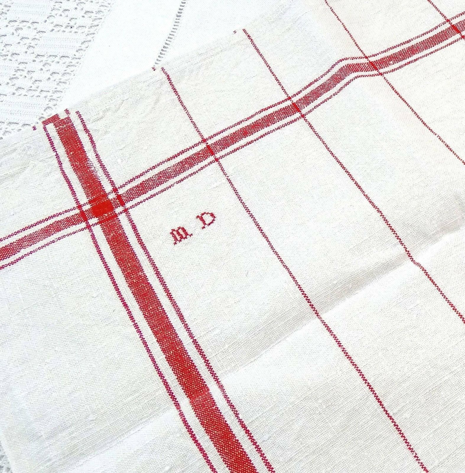 Set Of 6 Vintage French Traditional Cotton Tea Towels With Red Banding And Monogram, Retro Country Cottage Farmhouse Kitchen Cloth France photo 99.0