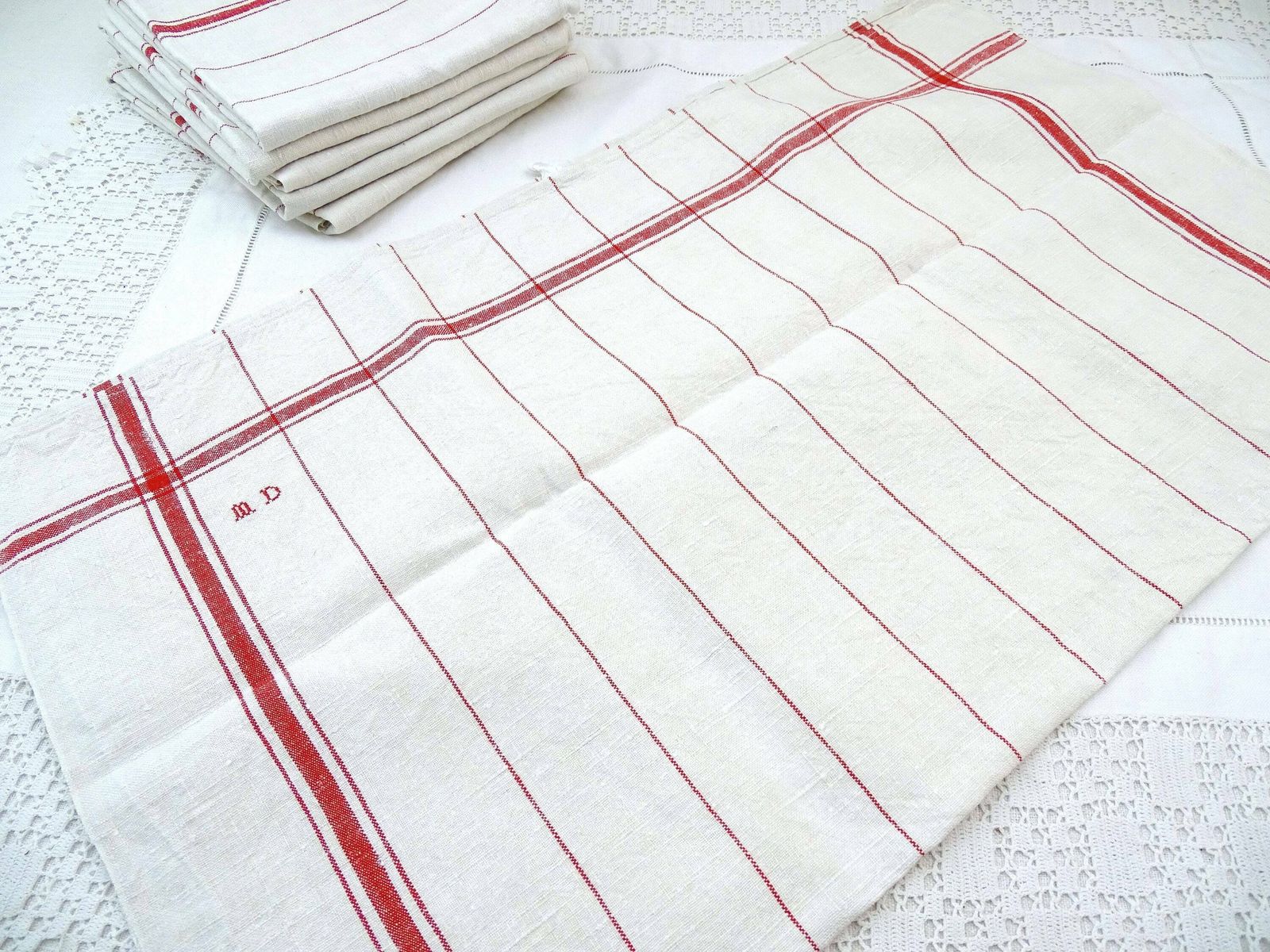 Set Of 6 Vintage French Traditional Cotton Tea Towels With Red Banding And Monogram, Retro Country Cottage Farmhouse Kitchen Cloth France photo buy