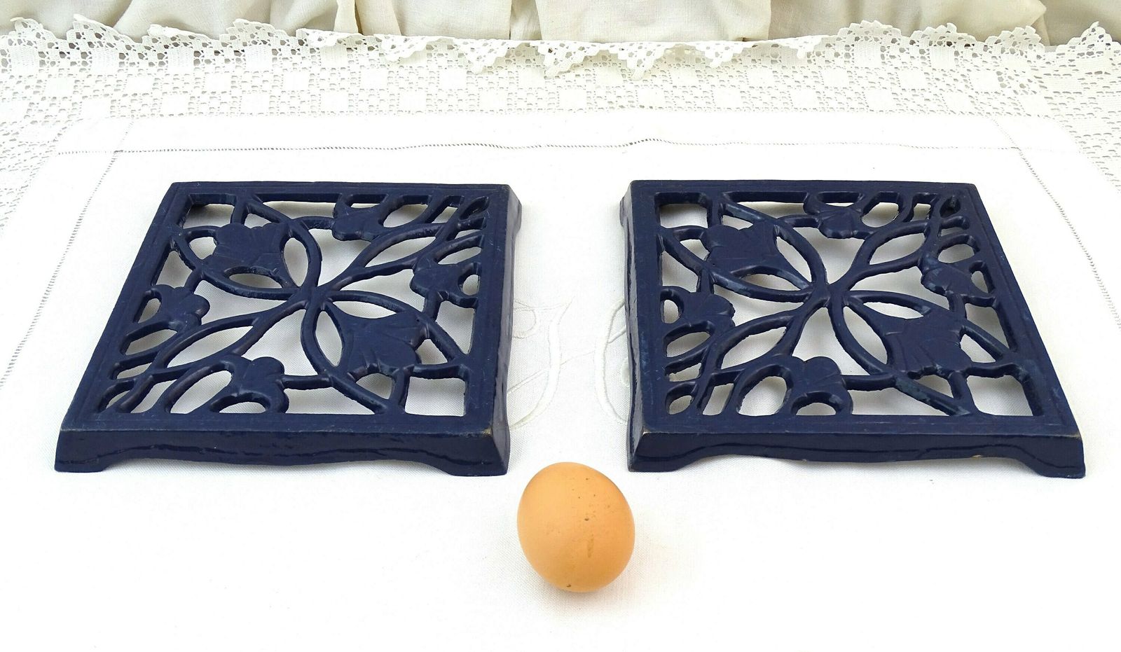 Pair Of Matching Vintage French Dark Blue Enamelware Square Kitchen Trivets, 2 Of The Same Heat Mats Made Of Enameled Cast Iron Metal France photo furniture