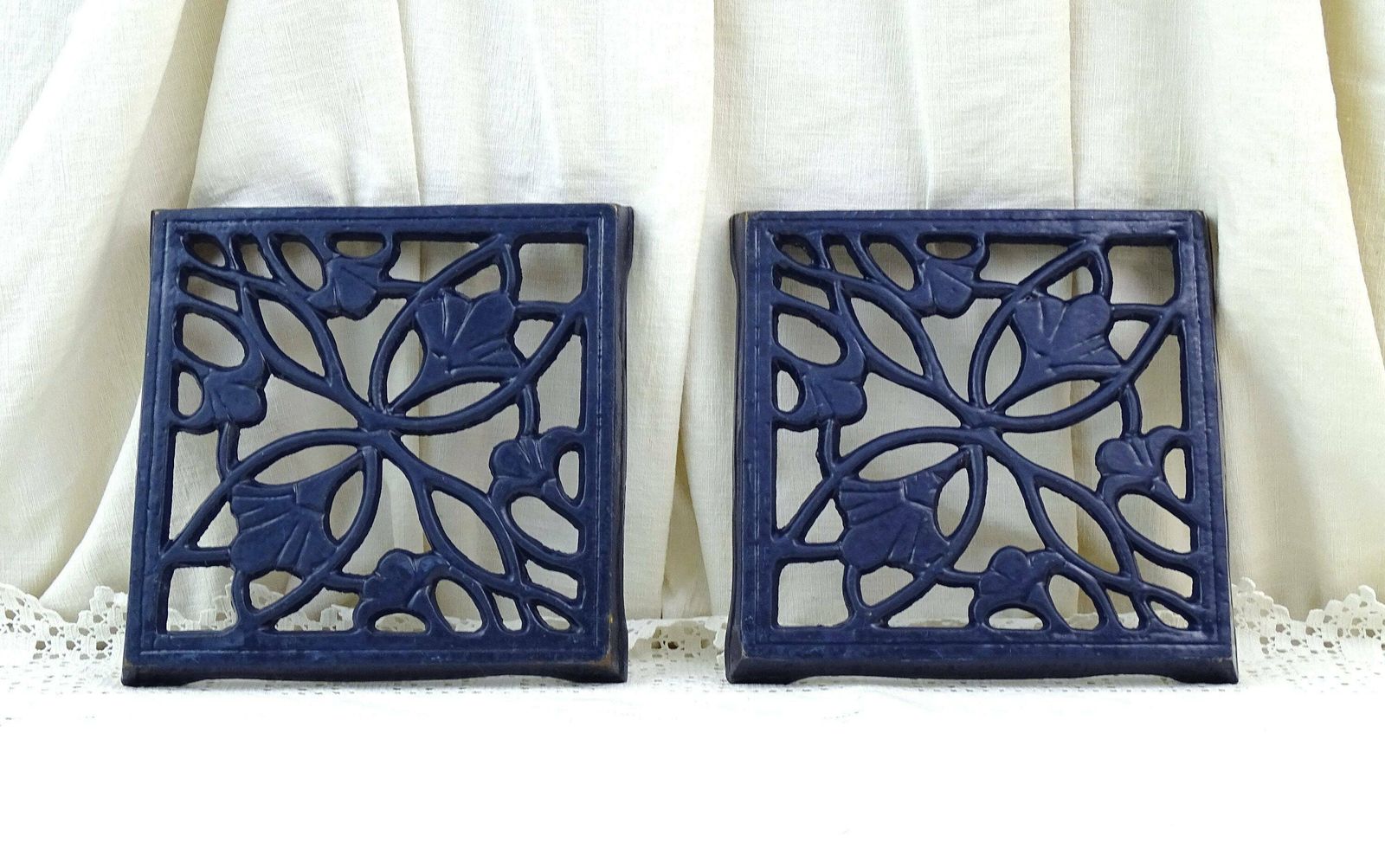 Pair Of Matching Vintage French Dark Blue Enamelware Square Kitchen Trivets, 2 Of The Same Heat Mats Made Of Enameled Cast Iron Metal France photo Home Decor