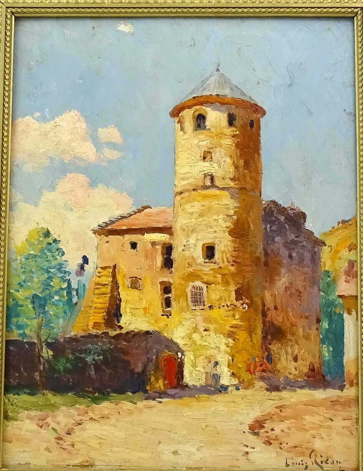 Vintage Olieverfschilderij Op Paneel Van Een Stenen Kasteltoren, Door De Franse Kunstenaar Louis Ricon – Impressionistisch Landschapstafereel Uit Frankrijk photo vinterior