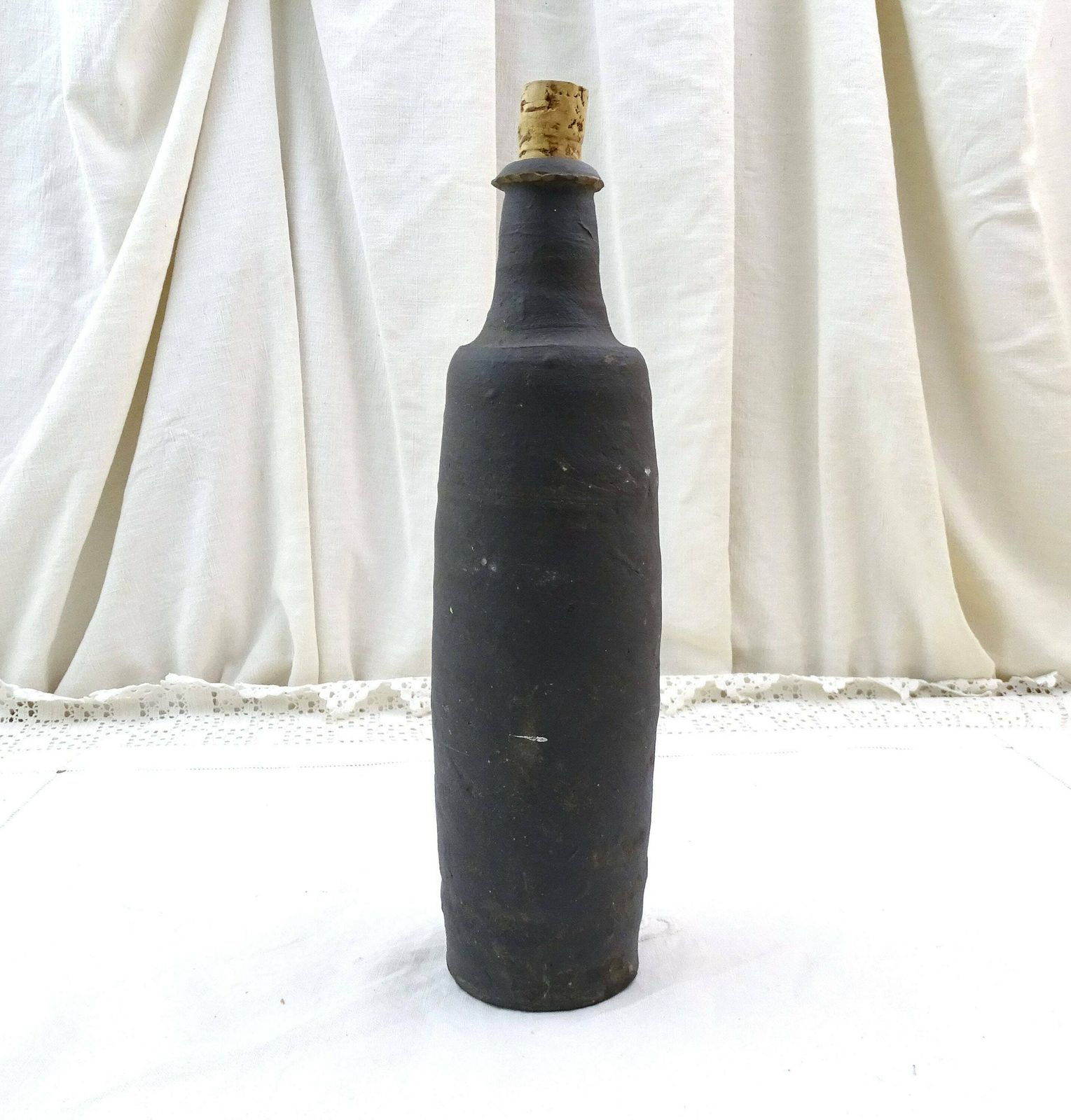 Antique French Rustic Handmade Unglazed Black Earthenware Ceramic Bottle, Old Primitive Pottery Bud Vase Of Normandy France, Farmhouse Decor photo furniture