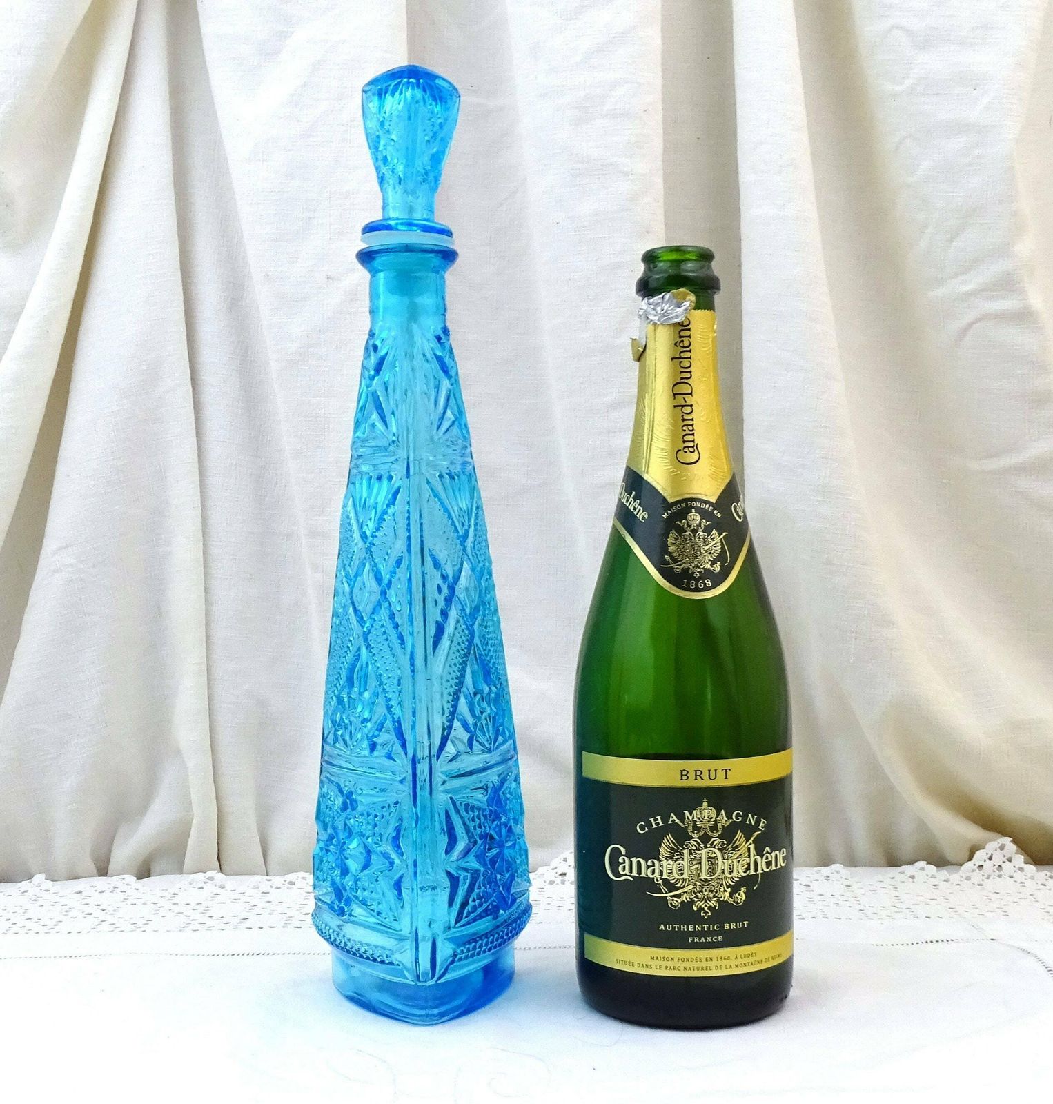 Large Tall Vintage Italian Empoli Genie Style Mid Century 1960s Blue Cut Glass Decanter With Stopper, Retro European Glassware Carafe Bottle photo for sale
