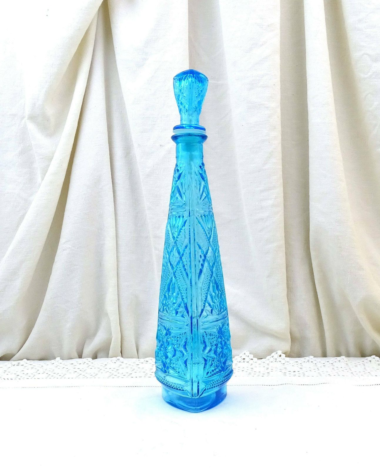 Large Tall Vintage Italian Empoli Genie Style Mid Century 1960s Blue Cut Glass Decanter With Stopper, Retro European Glassware Carafe Bottle photo Home Decor