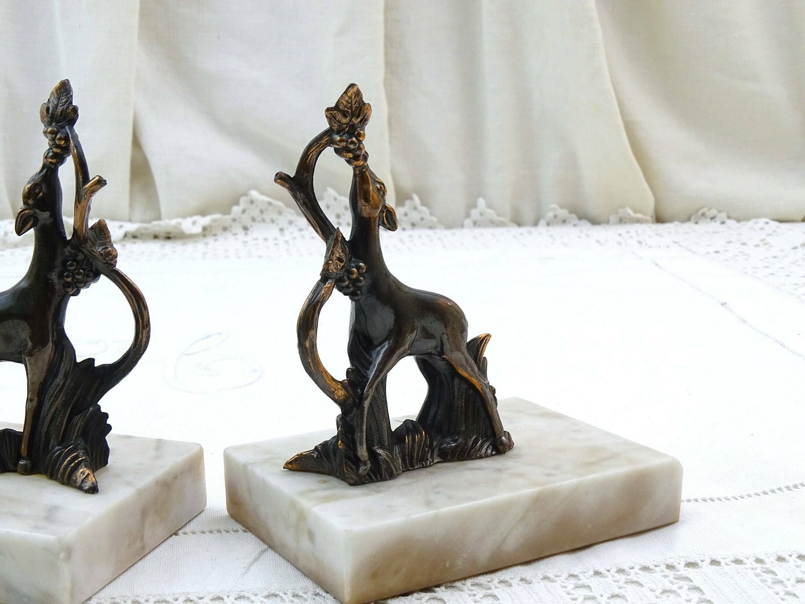 Vintage French Art Deco Bookends With Metal Deer Eating Grapes On White Marble Base, Retro 1930 Office Library Book Accessory From France photo Home Decor