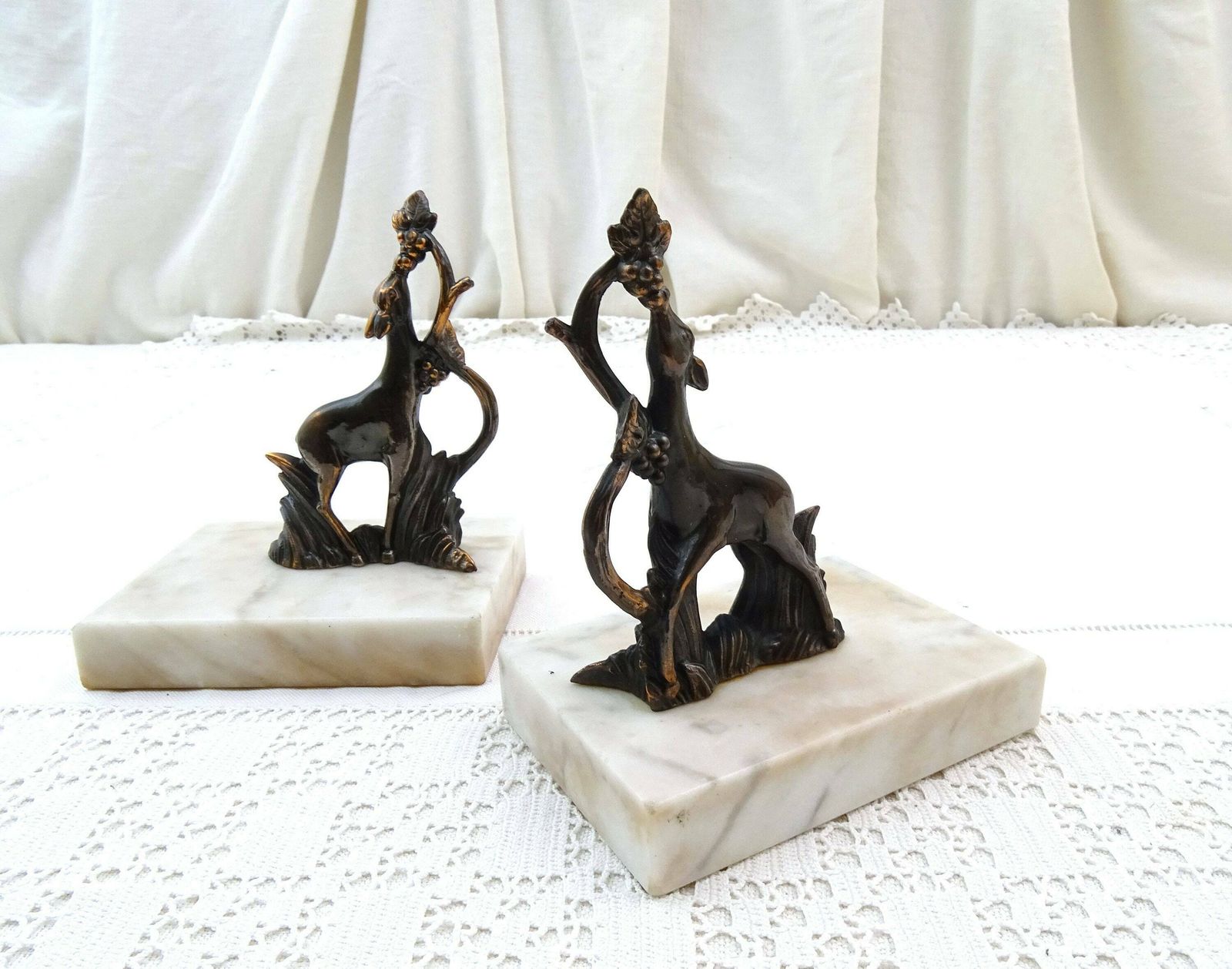Vintage French Art Deco Bookends With Metal Deer Eating Grapes On White Marble Base, Retro 1930 Office Library Book Accessory From France photo 98.0