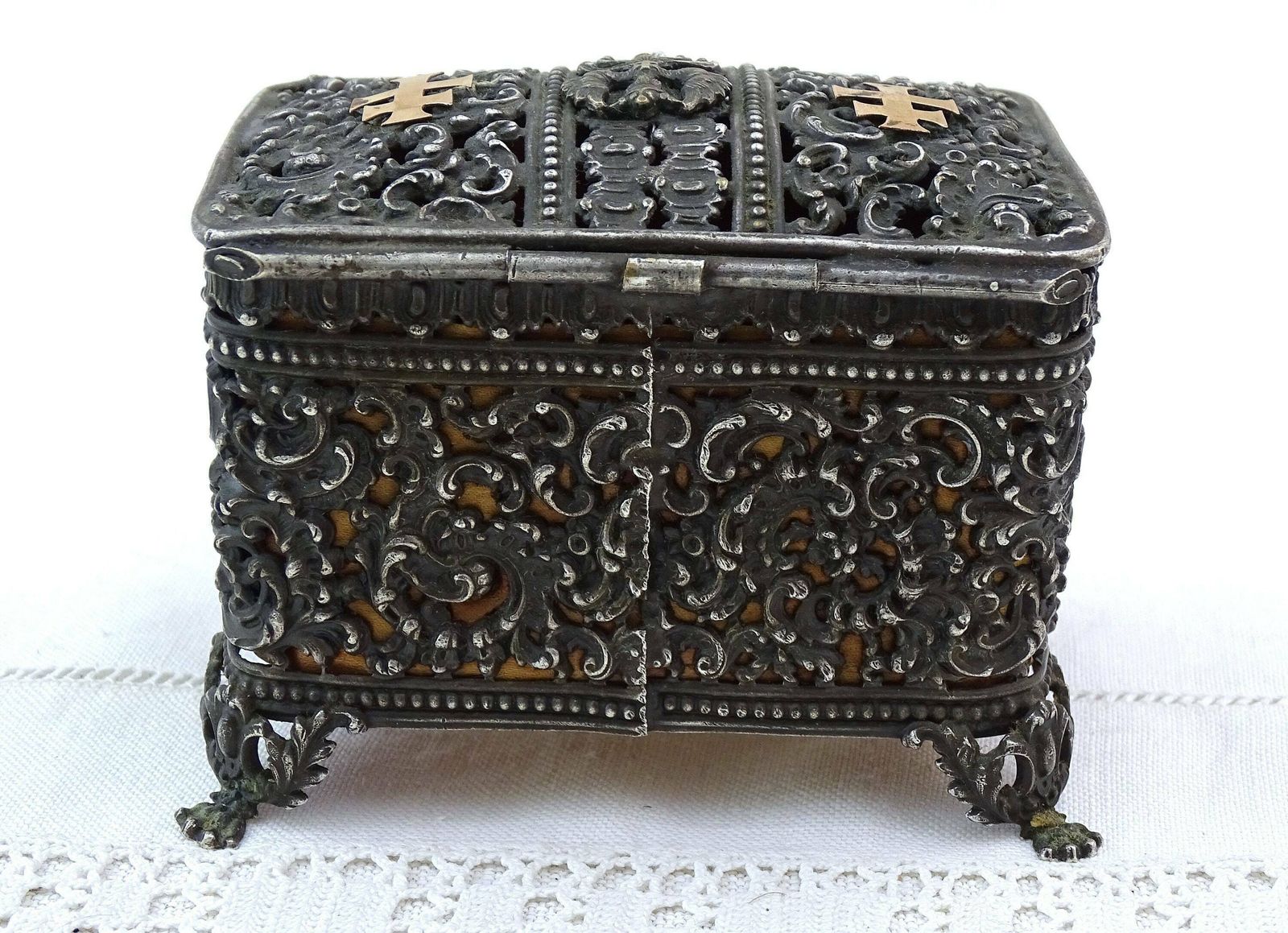 Antique French Silver Plated Lotharingien Jewelry Box With Red Padded Satin Lining And The Loraine Cross In Gold Tone Metal, Rare Curio Box photo vintage