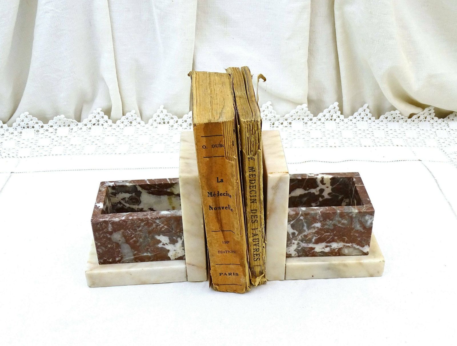 Vintage French Art Deco Veined Marble Bookends With Vide Poche, Retro Stone Book Ends From France, Geometric Library Item In White And Brown