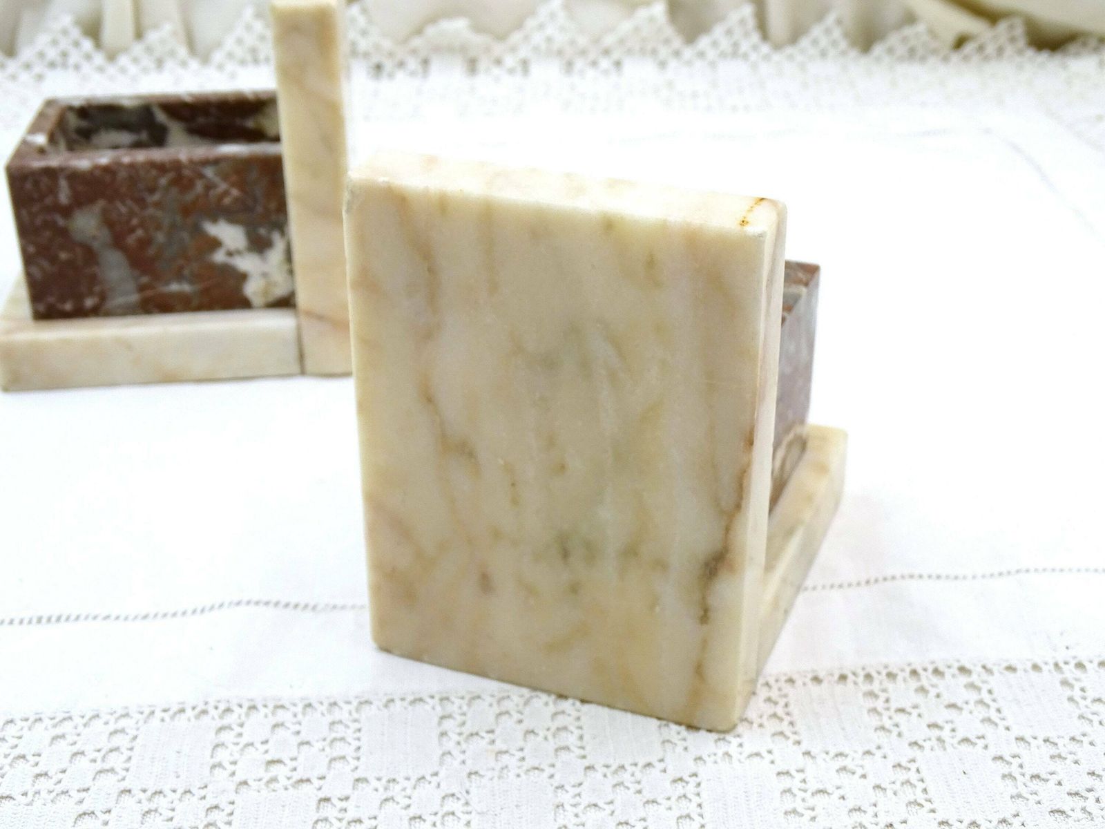 Vintage French Art Deco Veined Marble Bookends With Vide Poche, Retro Stone Book Ends From France, Geometric Library Item In White And Brown photo buy