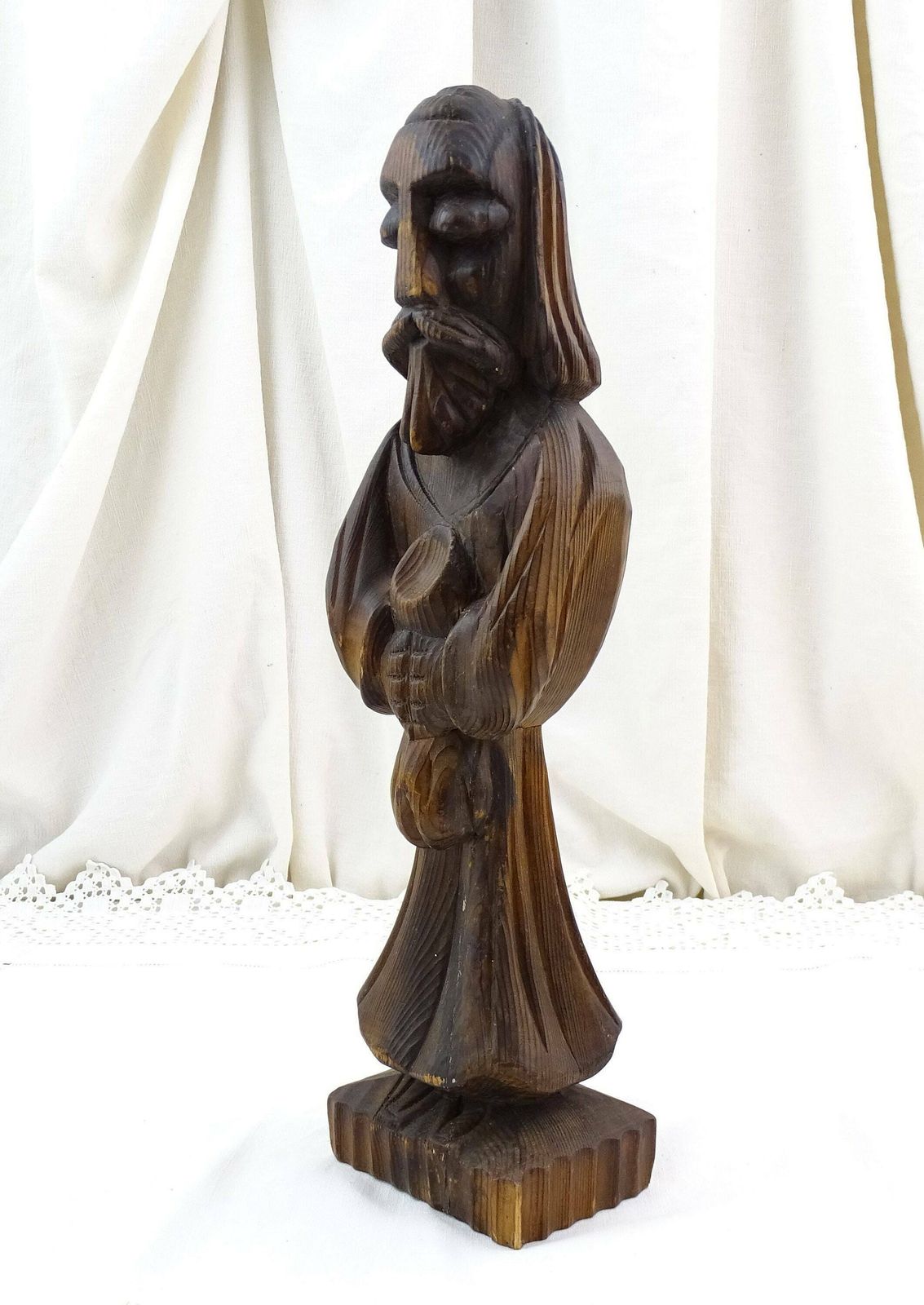 French Vintage 1960s Carved Wooden Sculpture Of Old Wise Man, Retro Sculpture Made Of Wood From France, Medieval Style Druid Art Piece photo furniture