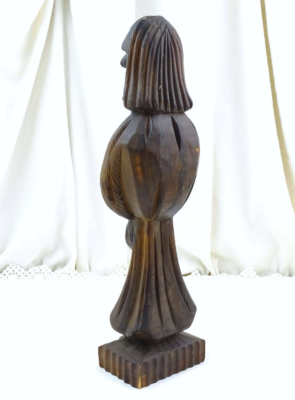 French Vintage 1960s Carved Wooden Sculpture Of Old Wise Man, Retro Sculpture Made Of Wood From France, Medieval Style Druid Art Piece photo Art