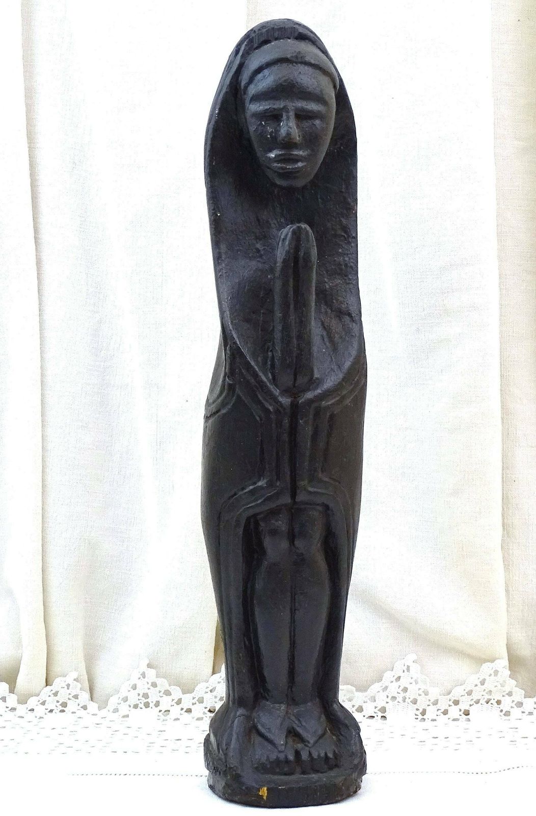 Antique African Hand Carved Ebonized Wooden Virgin Mary Statue, Vintage Christian Figurine Of Our Lady Made Of Black Wood From Africa photo furniture