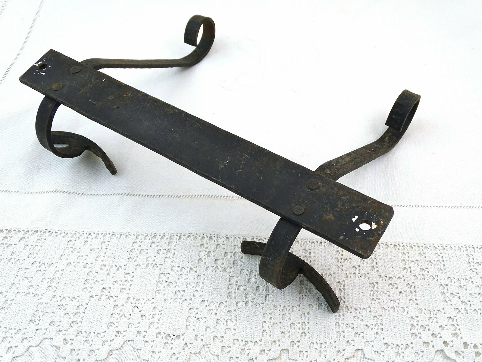 Vintage French Forged Metal Wall Mounted Coat Rack With 2 Hooks With Textured Surface, Retro Clothes Storage From France, Blacksmith Item photo vinterior
