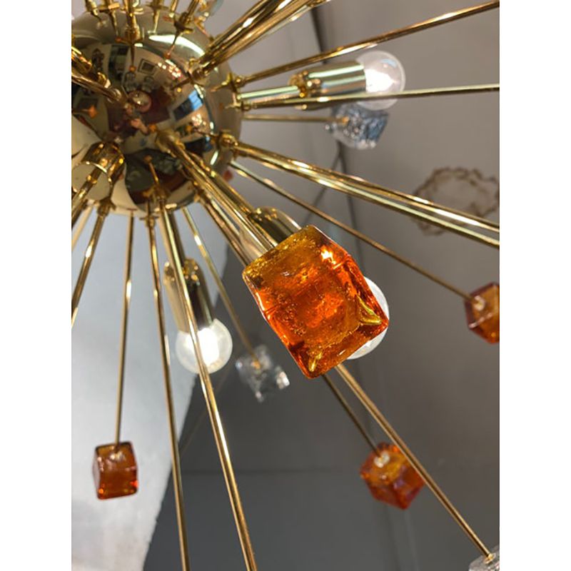 Contemporary Amber And Black Cubes Murano Glass Gold Sputnik Chandelier photo Lighting