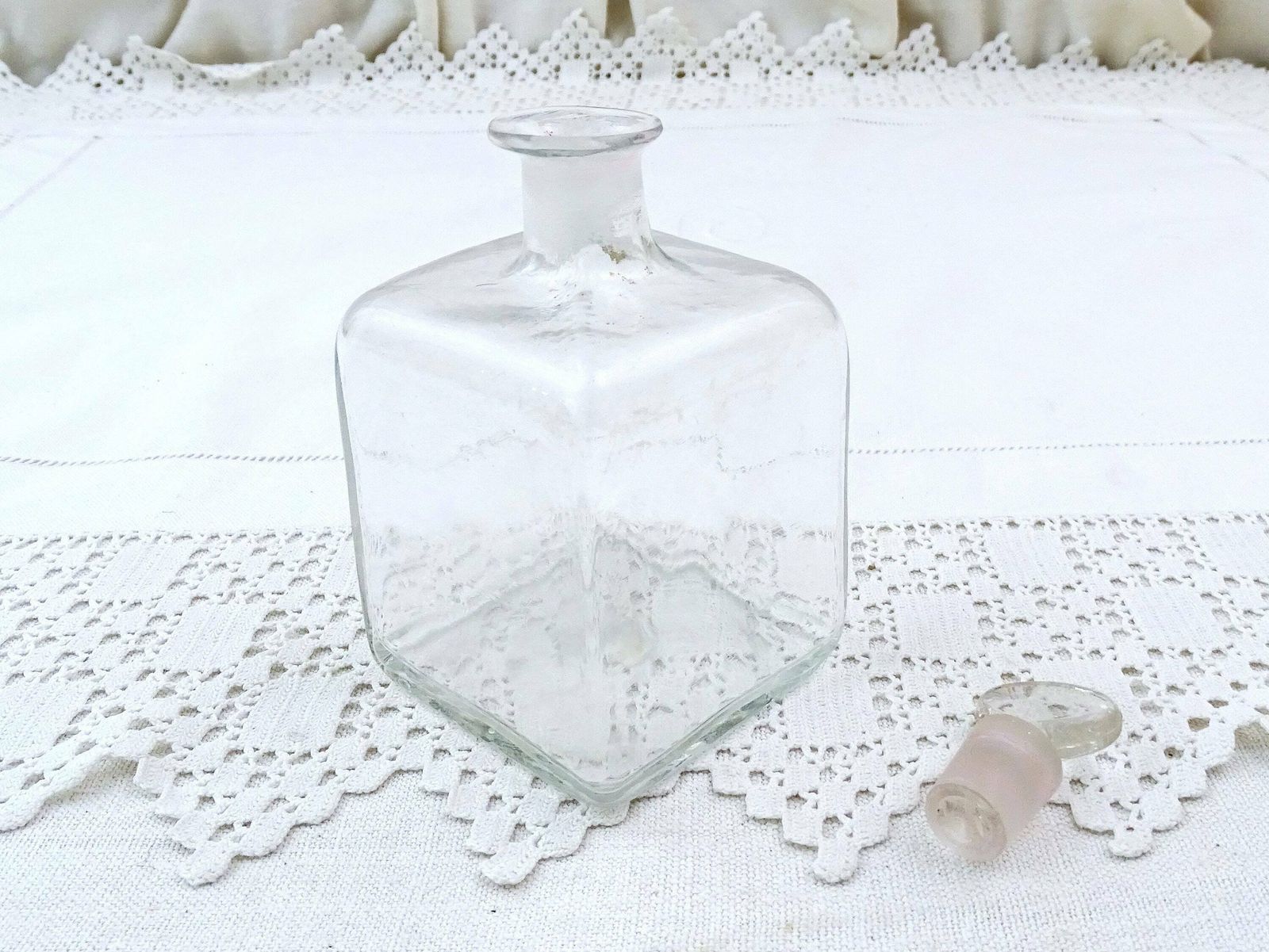 Antique French Mold Blown Clear Glass Square Shaped Bottle With Original Stopper, Rare Curio Victorian Glassware From France, Brocante Style photo 84.0