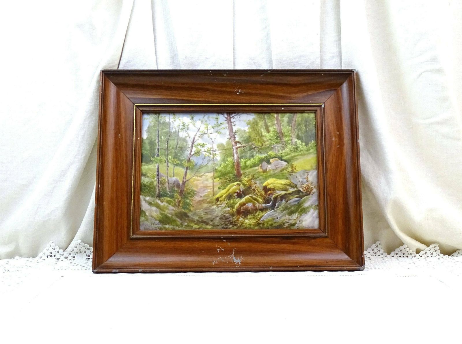 Antique French Hand Painted Signed Picture On Porcelain Plaque Featuring A Moss Covered Mountain Path, Vintage Limoges Style Country Scene