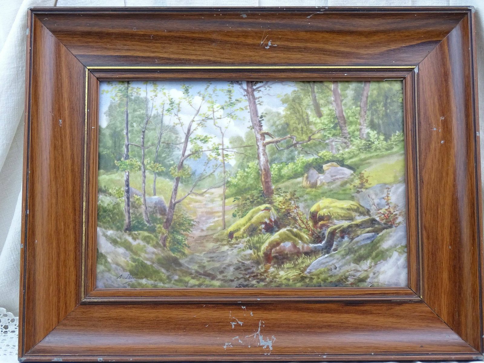 Antique French Hand Painted Signed Picture On Porcelain Plaque Featuring A Moss Covered Mountain Path, Vintage Limoges Style Country Scene photo Art
