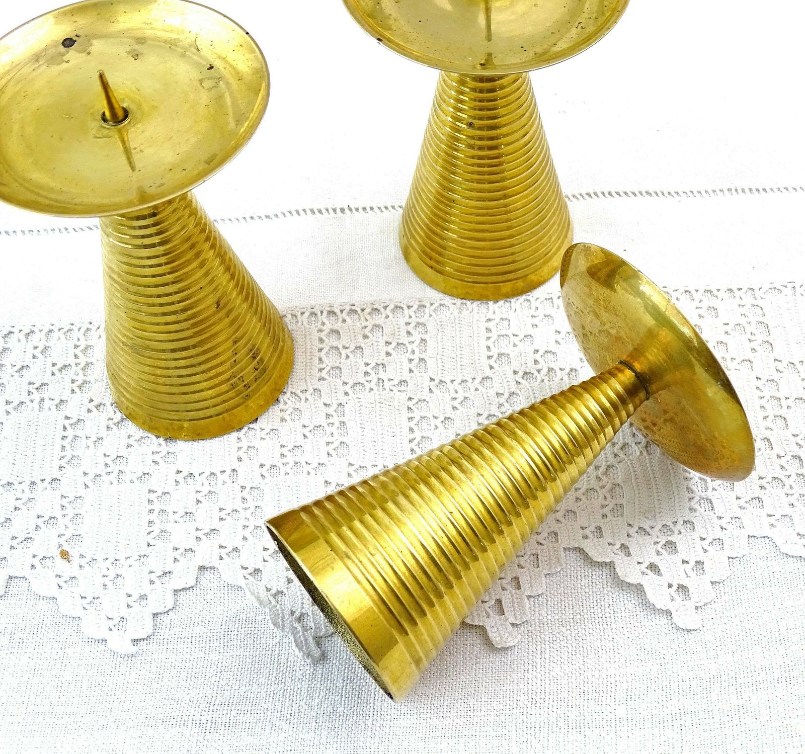 Set Of 3 Vintage Brass Mid Century Modern Conical Candle Sticks, Retro Scandinavian Style Metal Cone Shaped Candle Holders, 1960s Lighting photo for sale