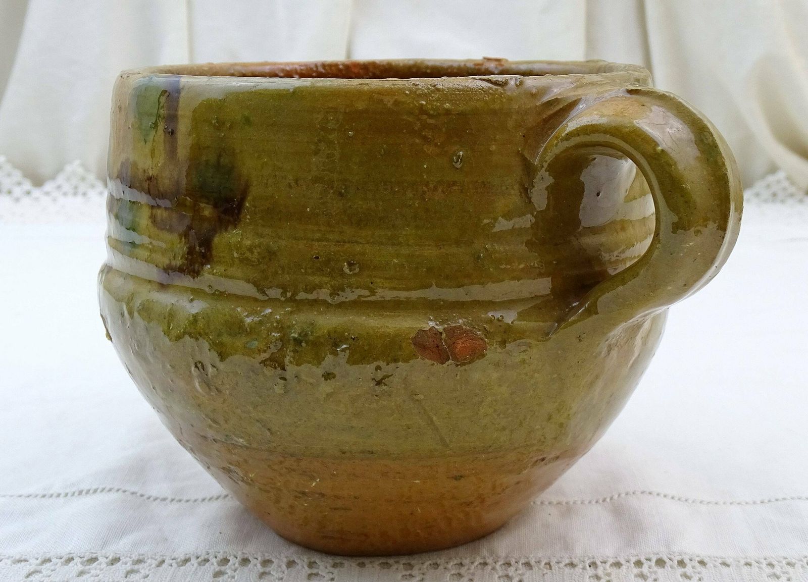 Vintage French Terracotta Pottery Confit Pot Rustic Bowl With 2 Side Handles In Ochre Glaze, Rural Traditional Style Farmhouse Decor France photo buy