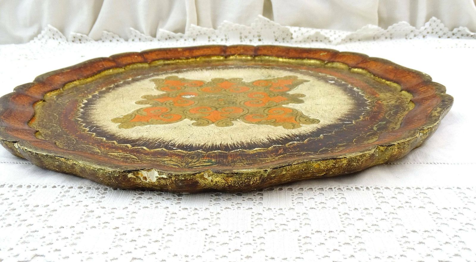 Round Vintage Gold And Burnt Orange Venetian Style Serving Tray, Retro Italian Golden Decor Golden, Mid Century Florentine Home Decor Italy photo buy