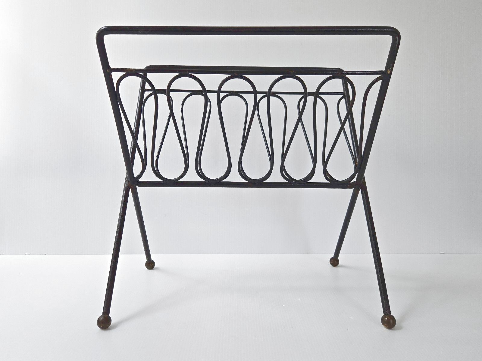 Vintage 1950s Black Lacquer Steel & Brass Dlg Jean Royere Magazine Rack 50s 1950s photo 311.0