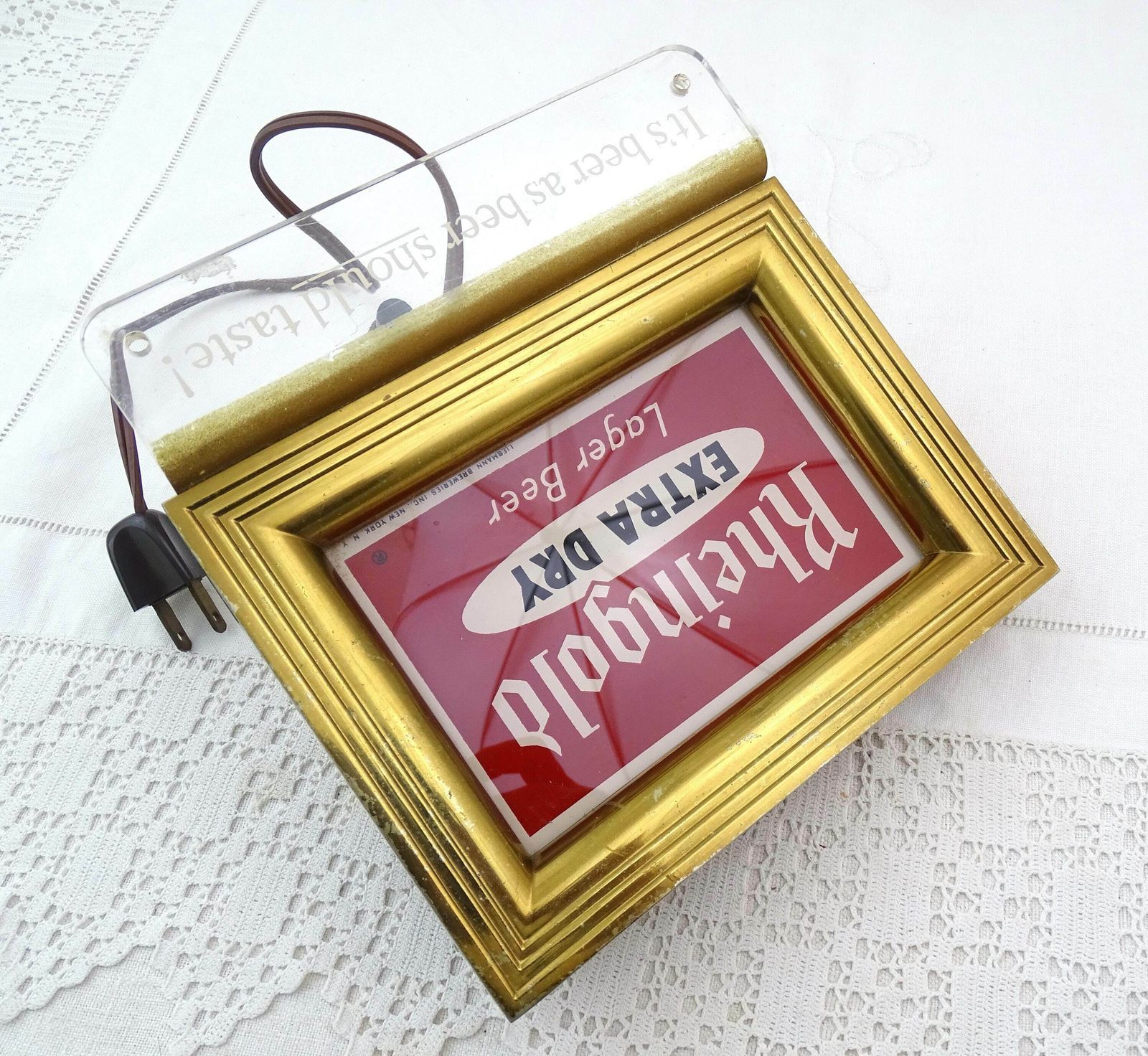 Vintage Mid Century Rheingold Extra Dry Lager Beer Cash Electrified Lighted Glass Sign From USA, Retro 1950s Barware Advertising Red Gold photo buy